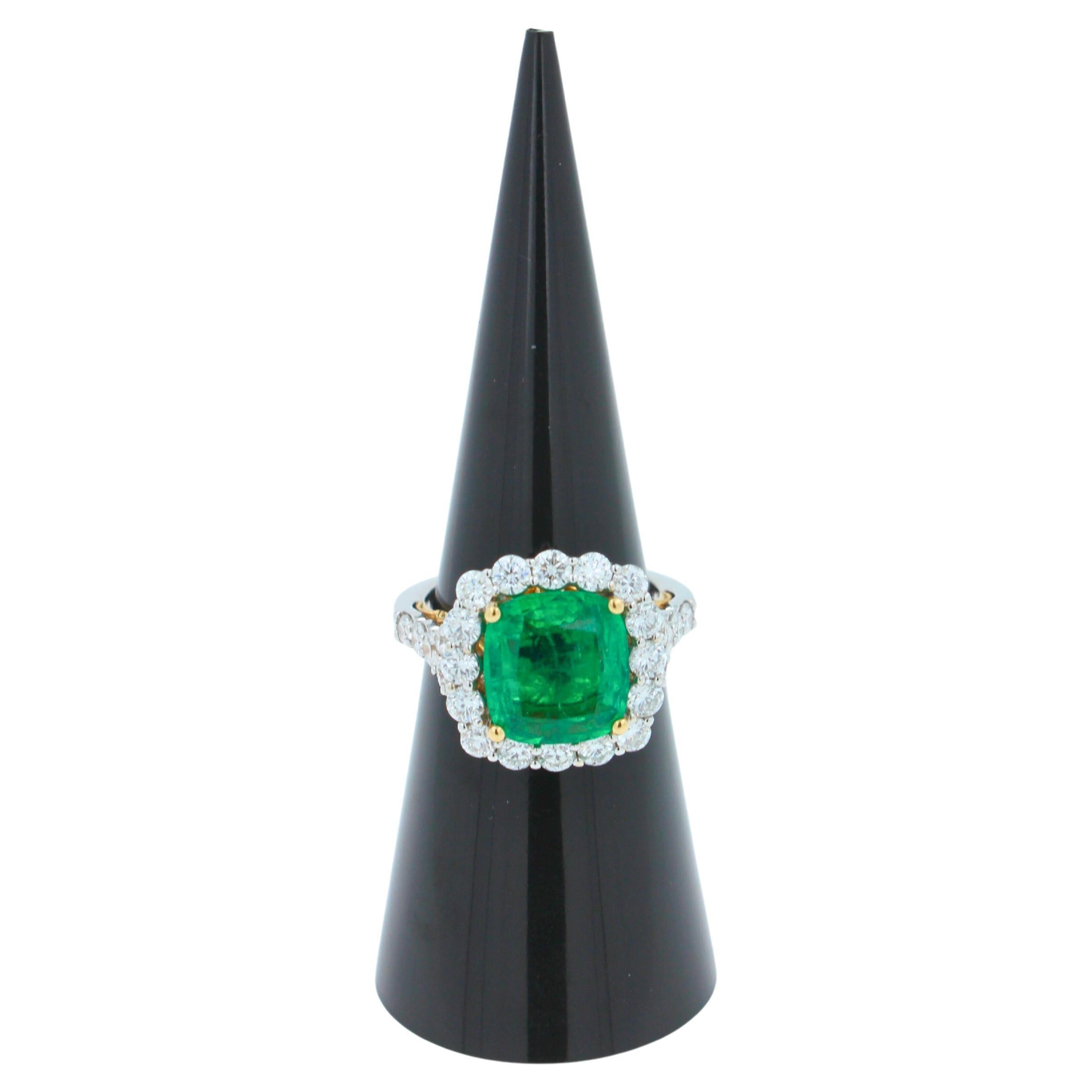 10.70 mm x 9.50 mm Cushion-Cut/Shape Form
Emerald with Medium Light Green Colour & Lively Velvety Hues 
6.50 Carats Emerald
1.70 cts G/VS Diamonds
14K White & Yellow Gold Ring
7.60 grams
Size 6