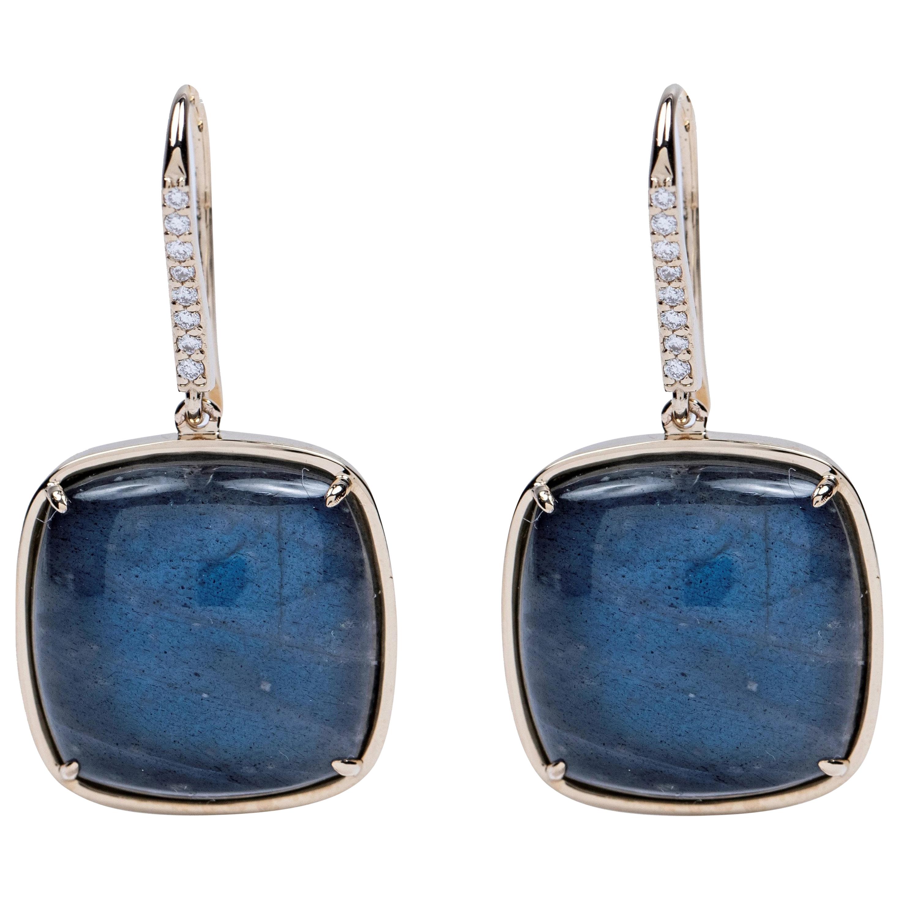 Classic Cushion Cut Labradorite, Diamond and 14 Karat Gold Earrings For Sale