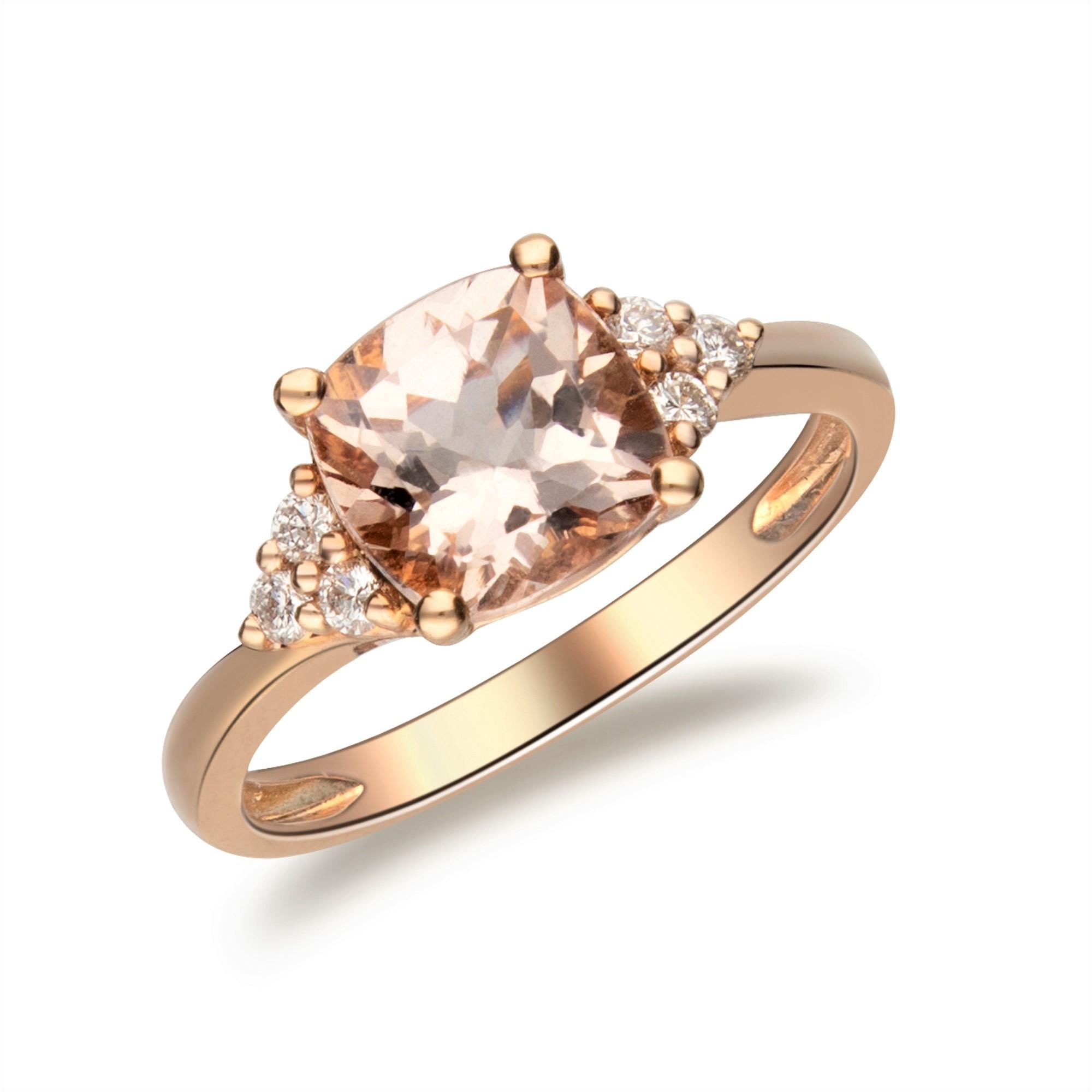 Classic Cushion-Cut Morganite with Round-Cut Diamond 14 Karat Rose Gold Ring In New Condition For Sale In New York, NY