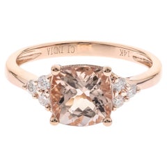 Anello classico con Morganite taglio cuscino e diamante taglio rotondo in oro rosa 14 carati