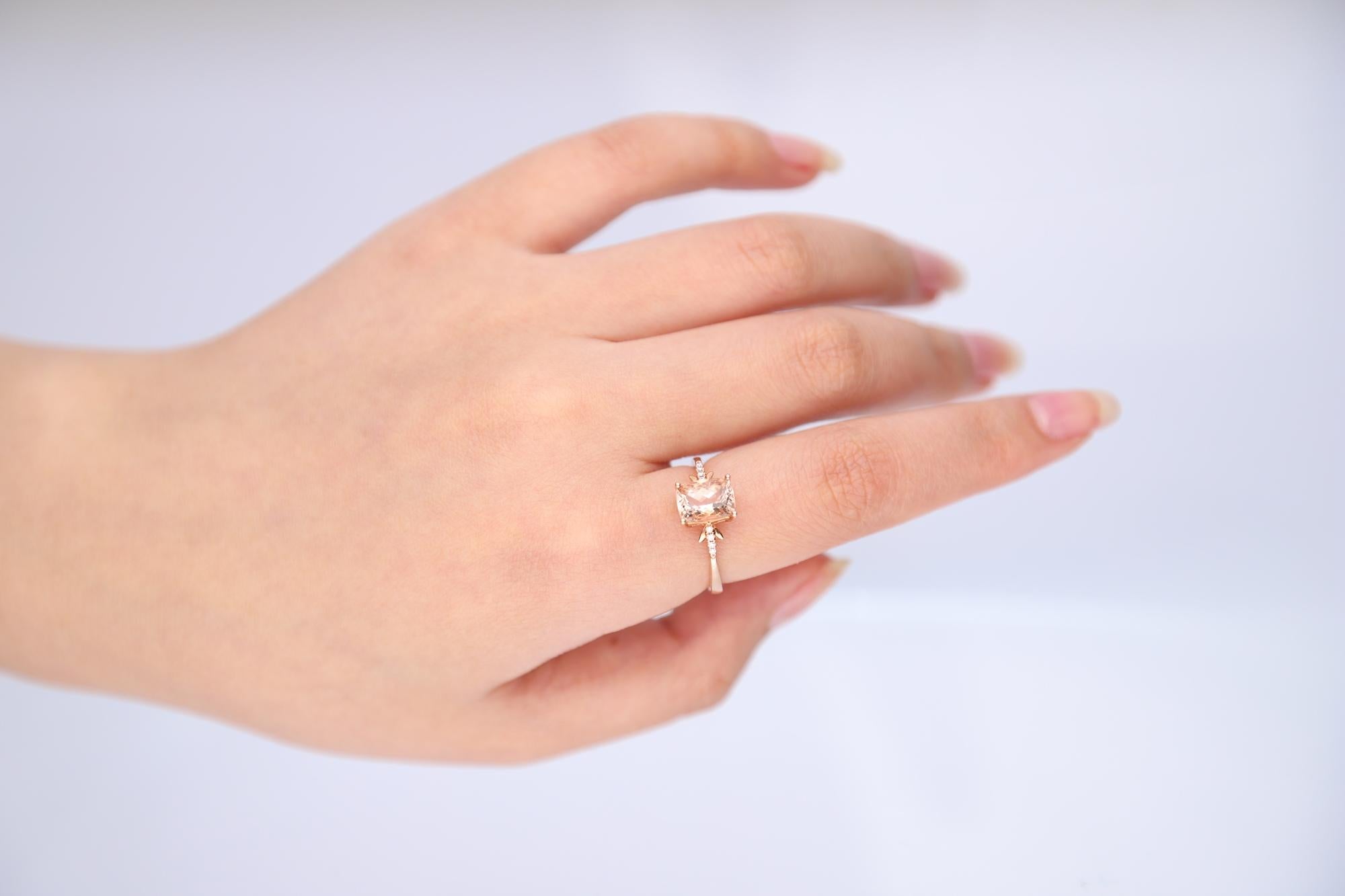 Stunning, timeless and classy eternity Unique Ring. Decorate yourself in luxury with this Gin & Grace Ring. The 14K Rose Gold jewelry boasts with Cushion-cut 1 pcs 1.38 carat Morganite and Natural Round-cut white Diamond (9 Pcs) 0.04 Carat accent