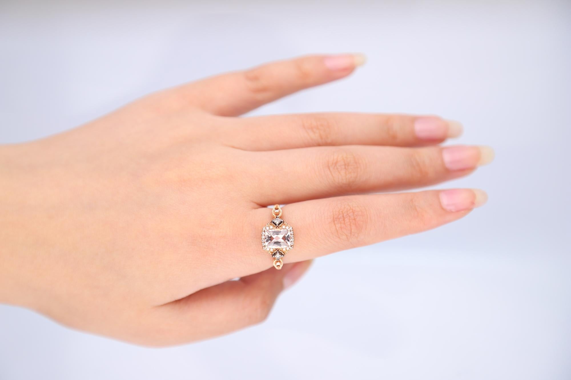 Stunning, timeless and classy eternity Unique Ring. Decorate yourself in luxury with this Gin & Grace Ring. The 14K Rose Gold jewelry boasts with Cushion-cut 1 pcs 1.28 carat Morganite and Natural Round-cut white Diamond (22 Pcs) 0.12 Carat accent