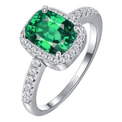 Classic Cushion Emerald Green Cubic Zirconia, Sterling Silver Halo Ring
