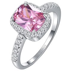 Classic Cushion Pink Colored Sapphire Cubic Zirconia, Sterling Silver Halo Ring