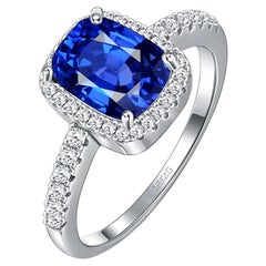  Classic Cushion Sapphire Blue Cubic Zirconia, Halo Setting Sterling Silver Ring