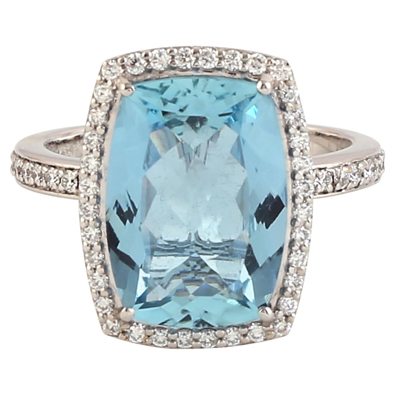 Classic Cushion Shape Aquamarine Cocktail Ring with Diamonds in 18k Gold