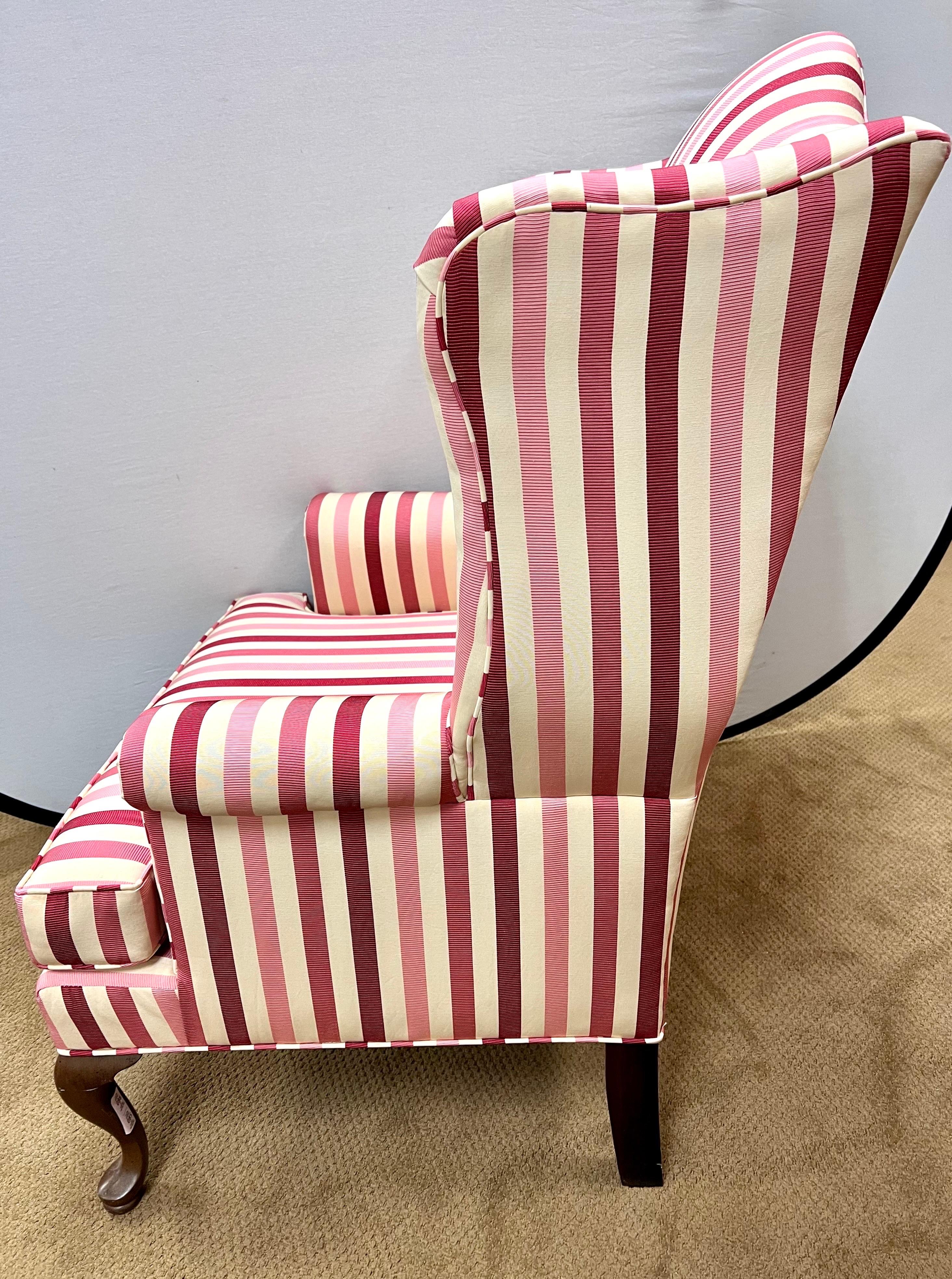 Classic Custom Wingback Chair with New Pink Striped Upholstery In Good Condition In West Hartford, CT