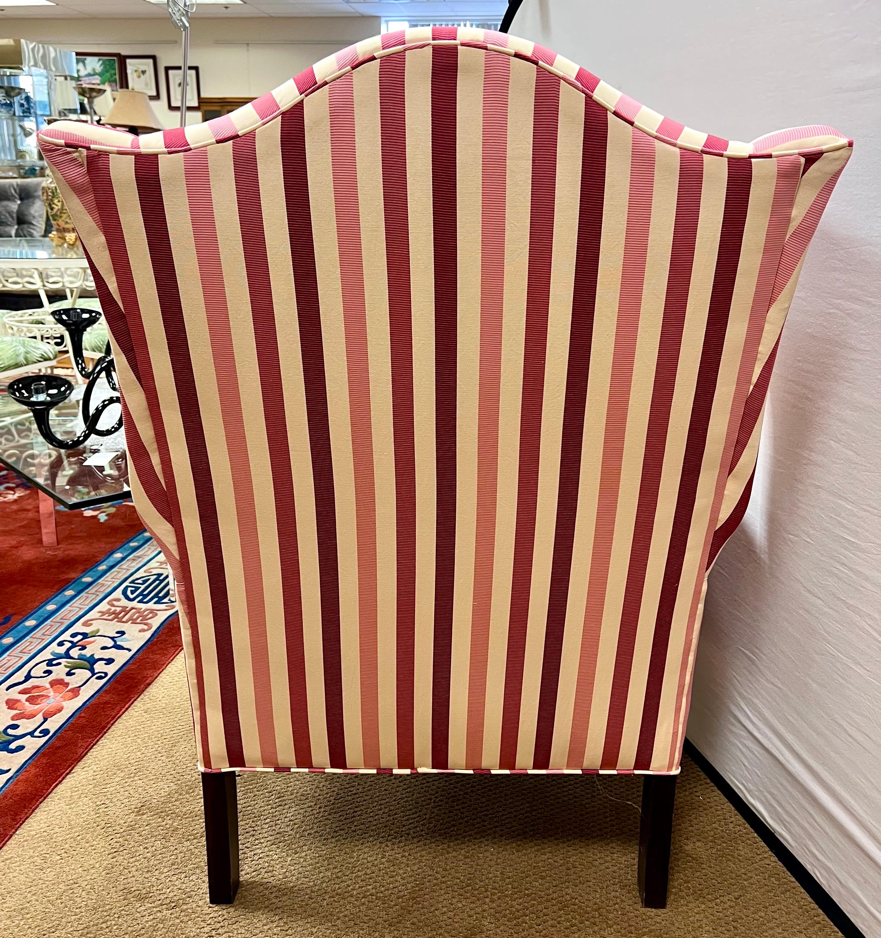 20th Century Classic Custom Wingback Chair with New Pink Striped Upholstery