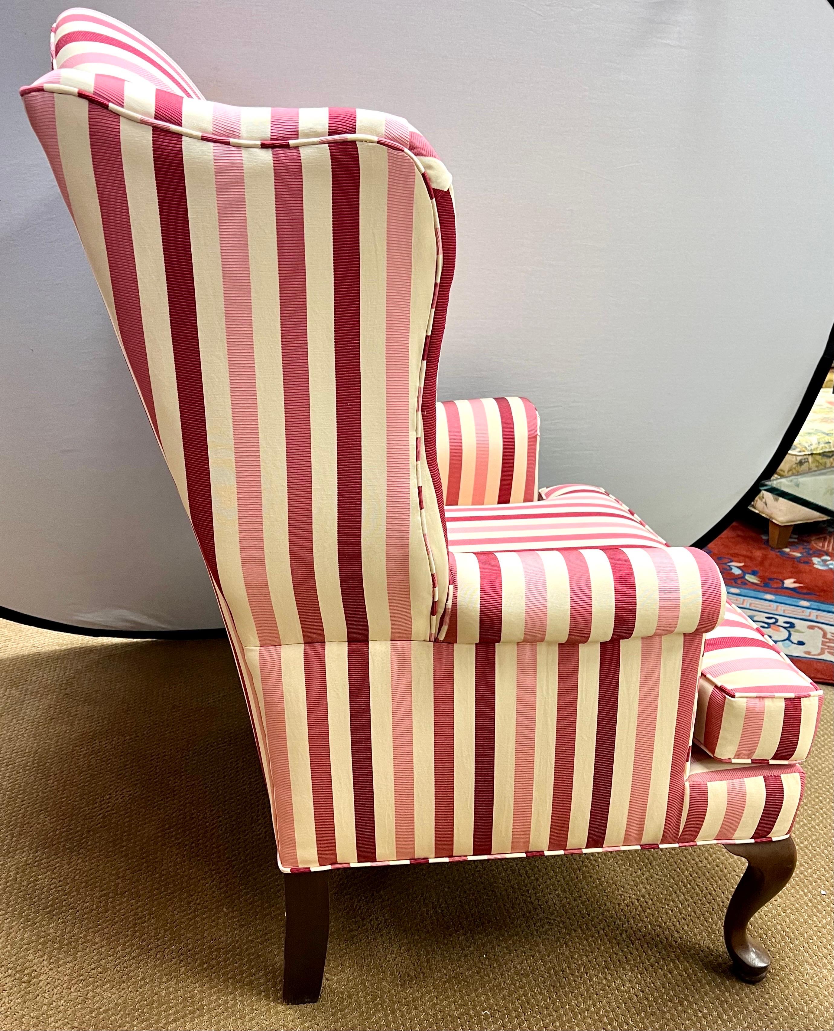 Textile Classic Custom Wingback Chair with New Pink Striped Upholstery