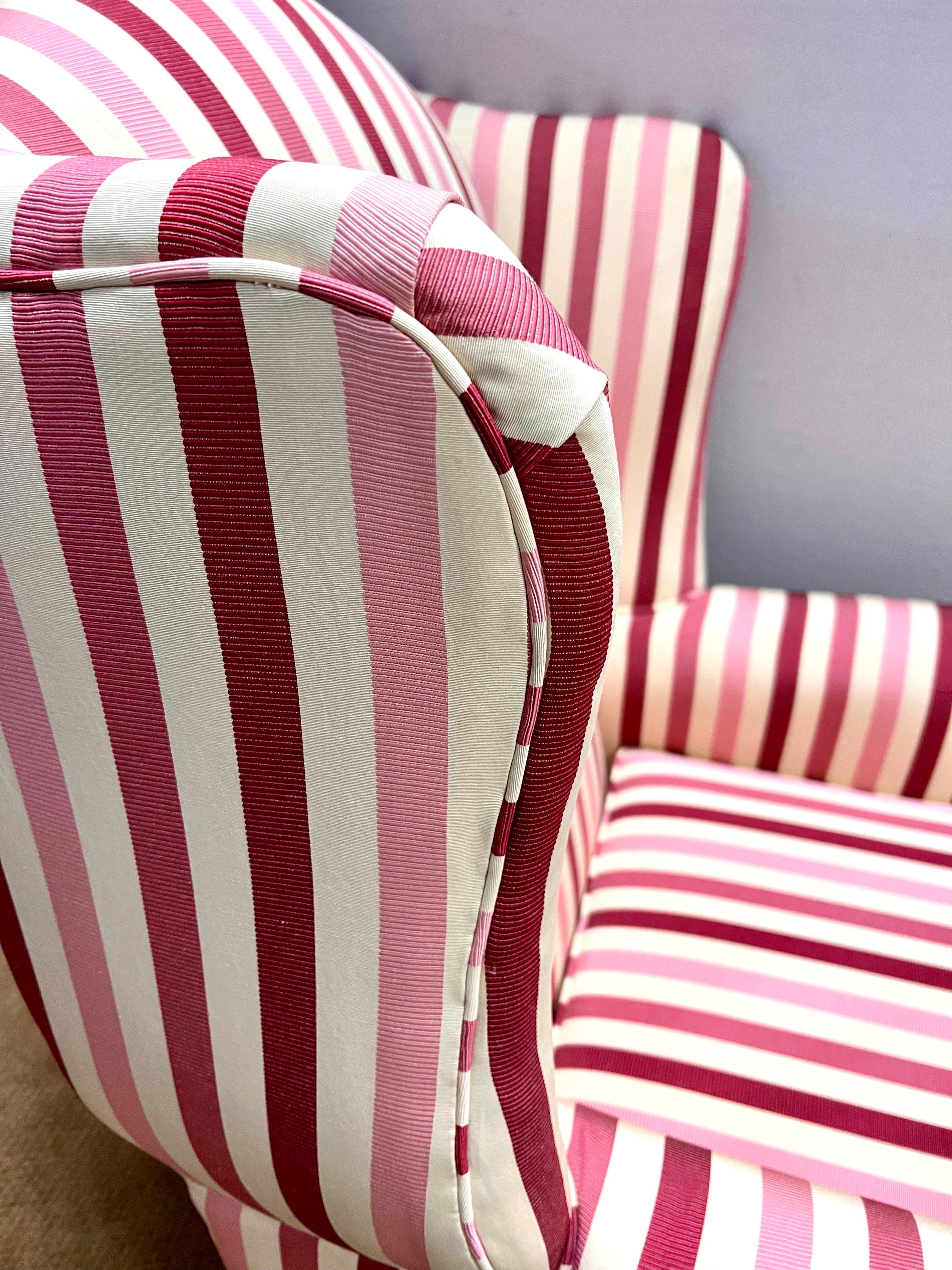 Classic Custom Wingback Chair with New Pink Striped Upholstery 1