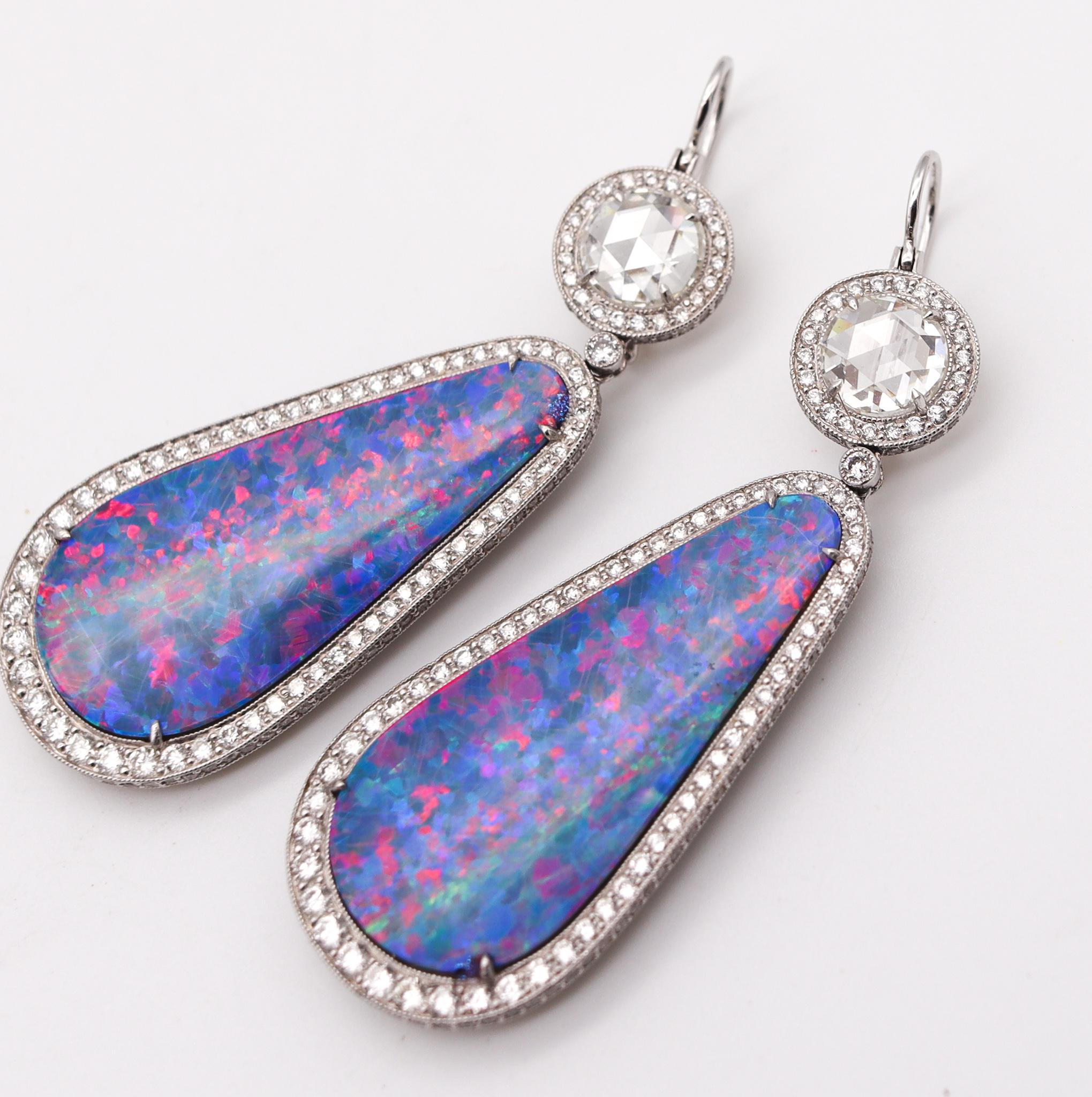 Classic Dangle Drops Earrings in Platinum with 31.37 Ctw of Diamonds and Opal In Excellent Condition For Sale In Miami, FL