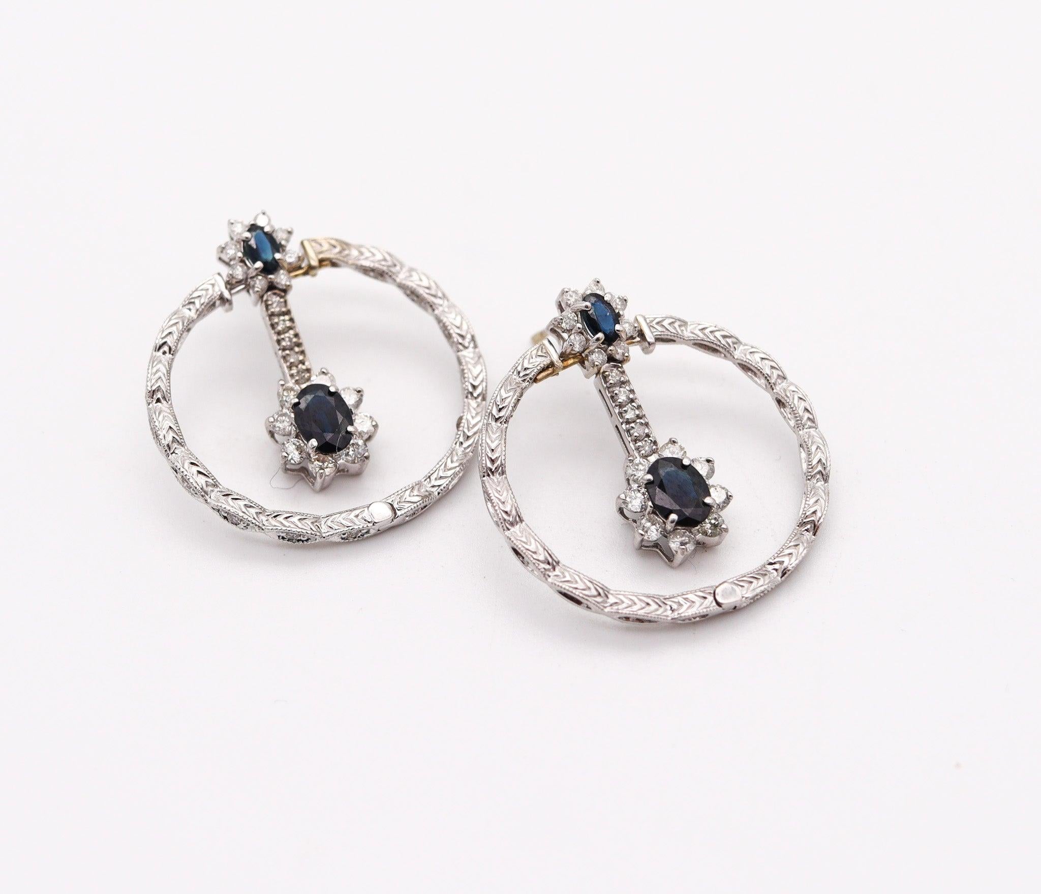 Art Deco CLASSIC Dangles Drops Earrings In 18Kt Gold With 4.14 Ctw Diamonds & Sapphires For Sale