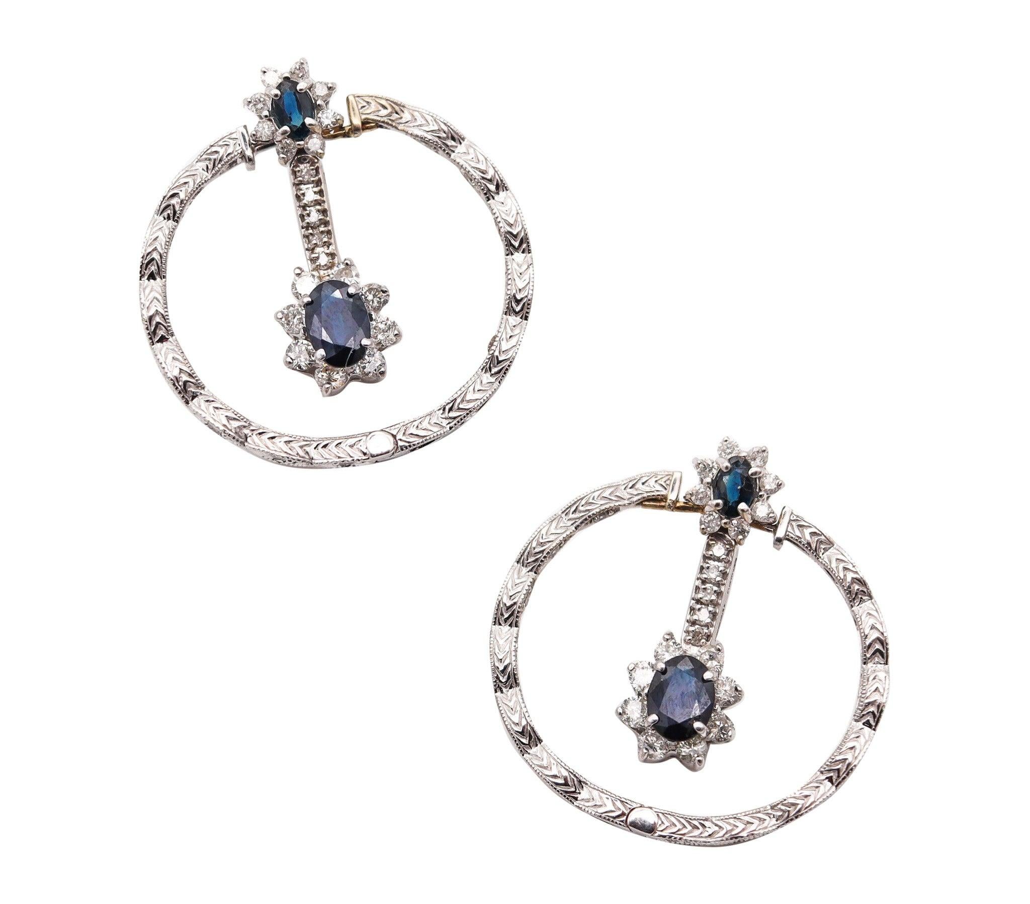 Oval Cut CLASSIC Dangles Drops Earrings In 18Kt Gold With 4.14 Ctw Diamonds & Sapphires For Sale
