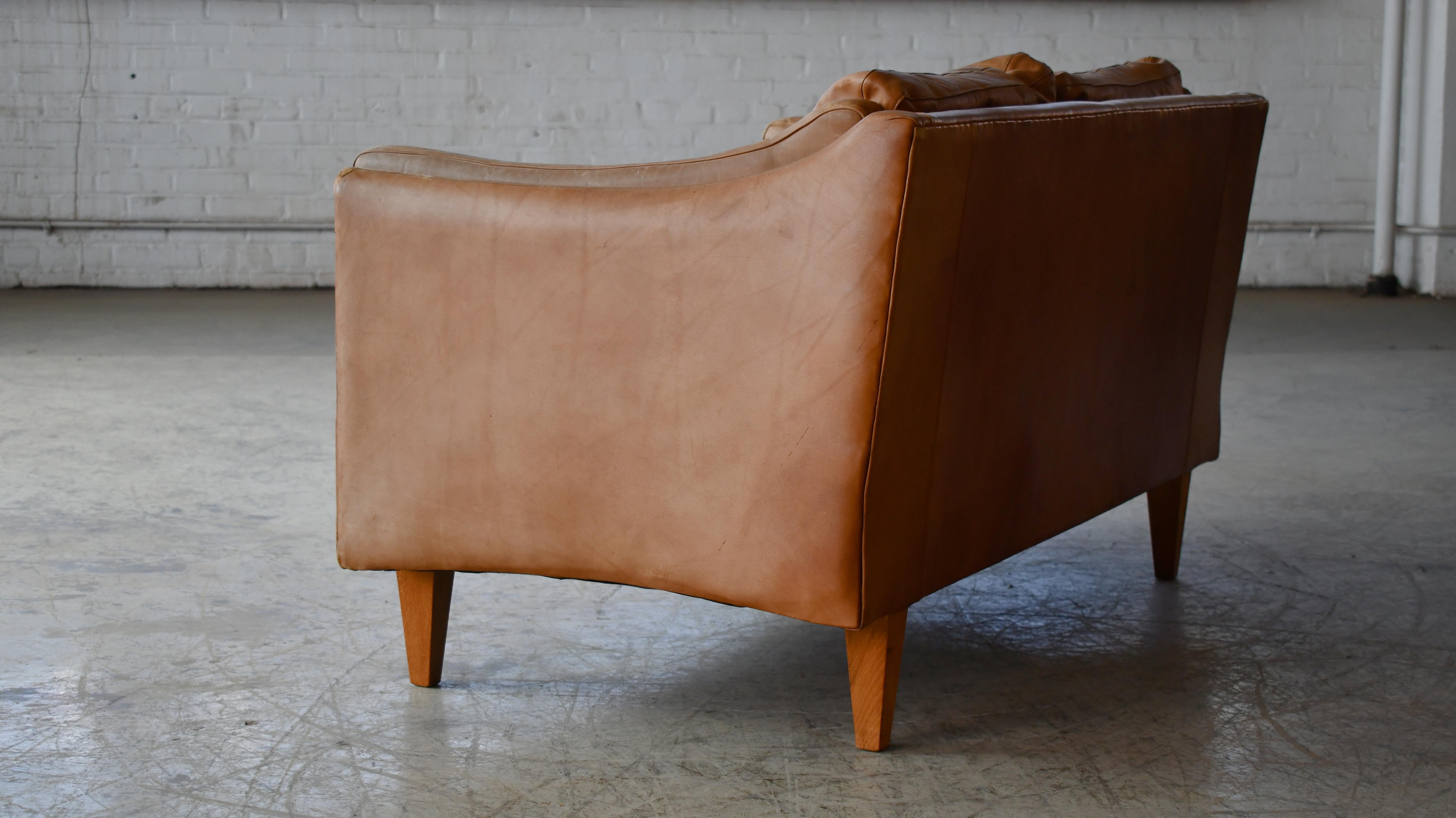 Classic Danish 1960s Two-Seat Sofa or Loveseat in Cognac Colored Leather  For Sale 6