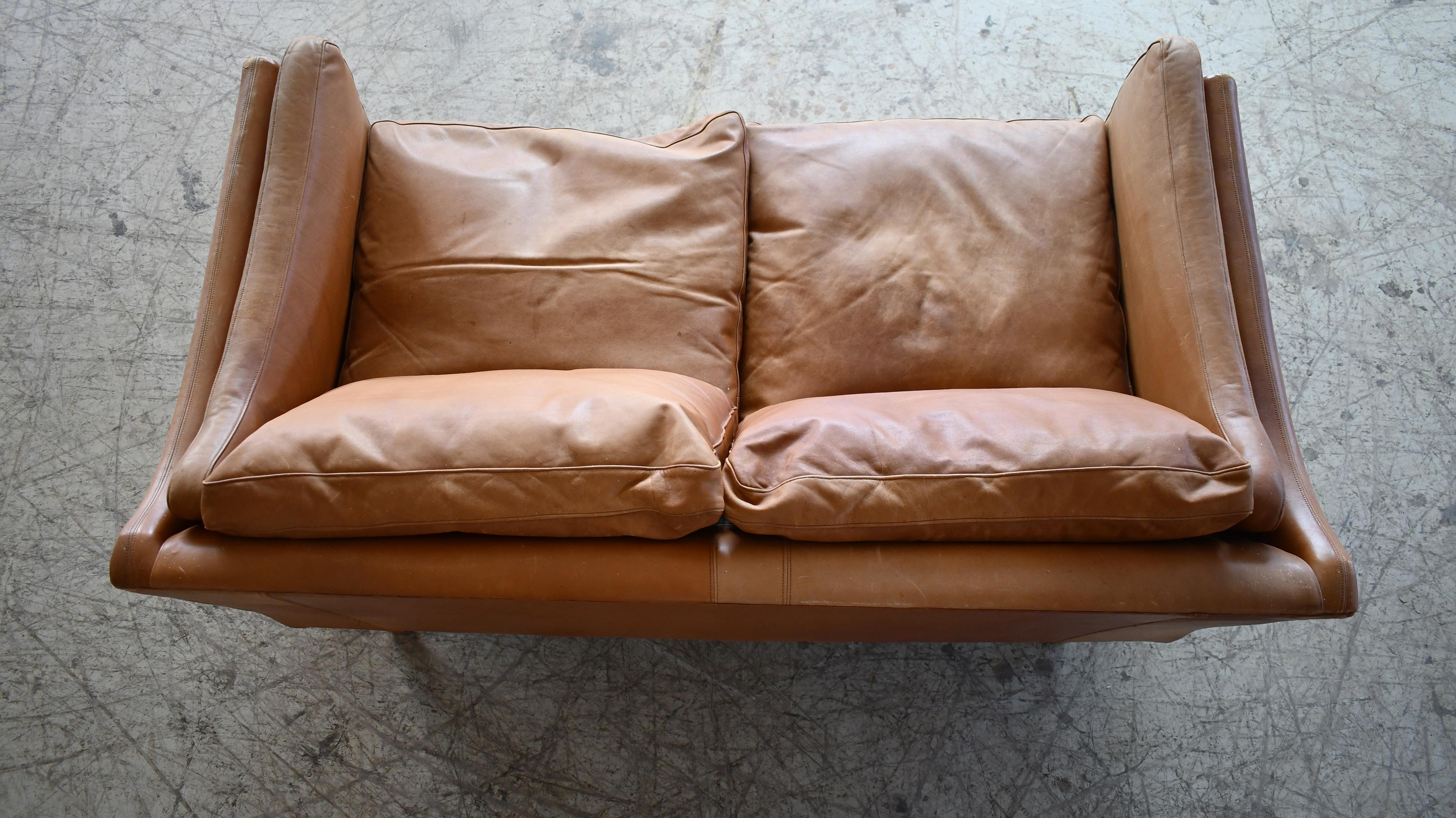 Classic Danish 1960s Two-Seat Sofa or Loveseat in Cognac Colored Leather  For Sale 2