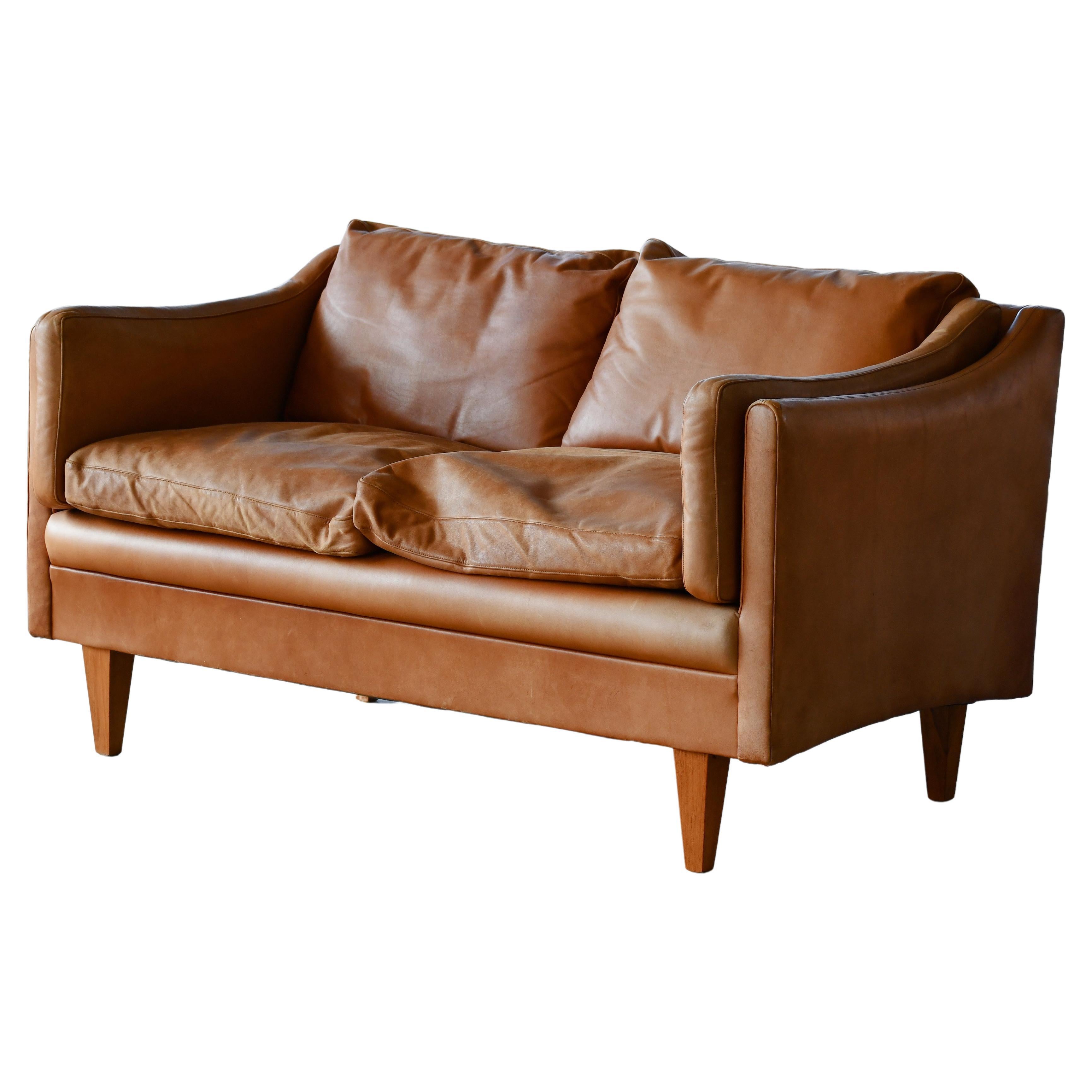 Classic Danish 1960s Two-Seat Sofa or Loveseat in Cognac Colored Leather  For Sale