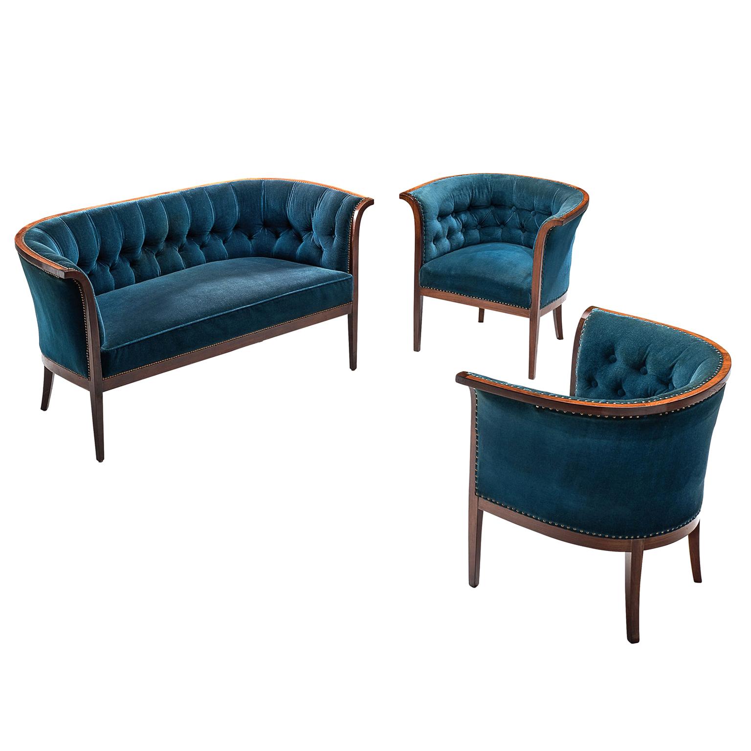 Classic Danish Blue Velvet Living Room Set