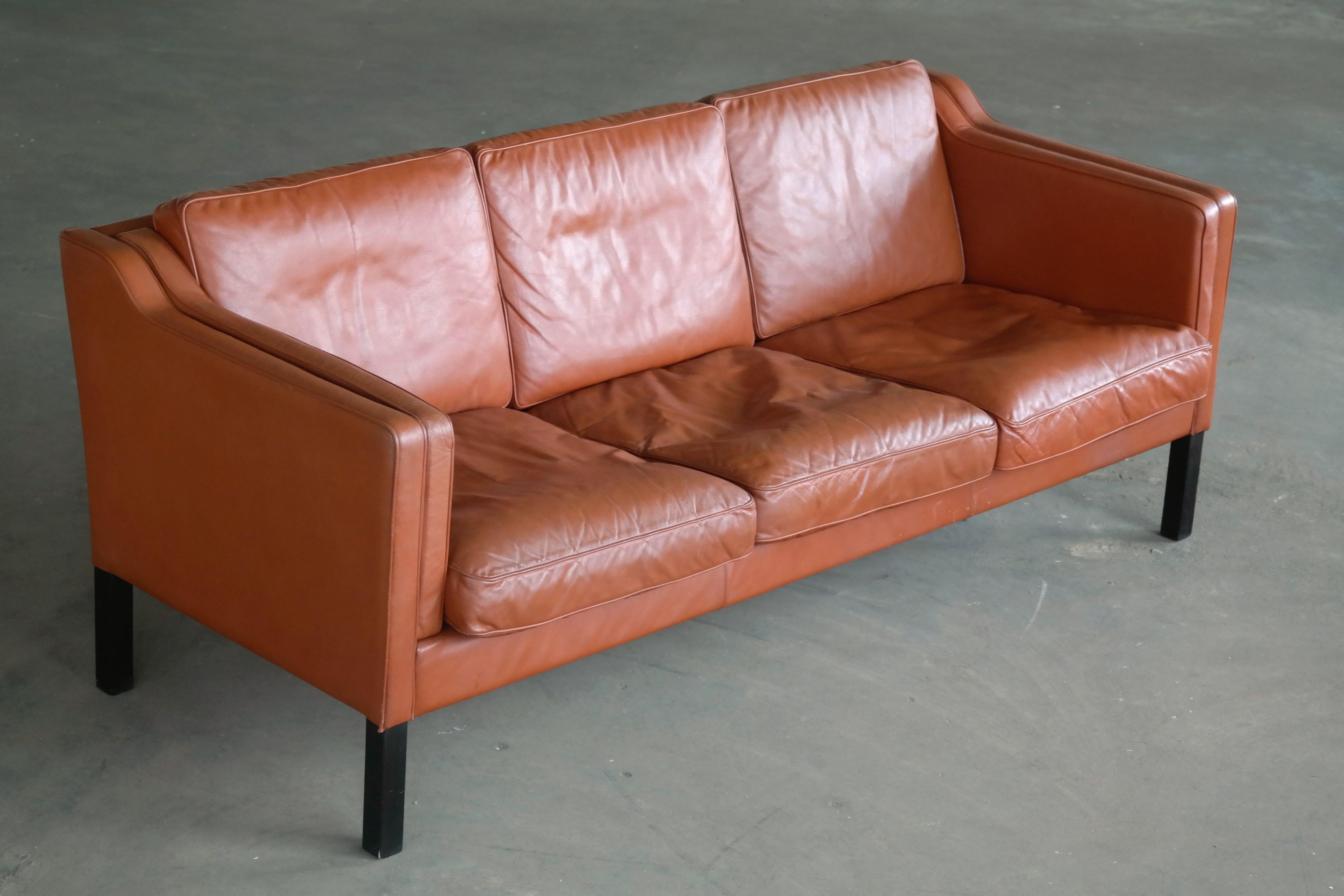 Mid-Century Modern Classic Danish Børge Mogensen Model 2213 Style Sofa in Cognac Colored Leather