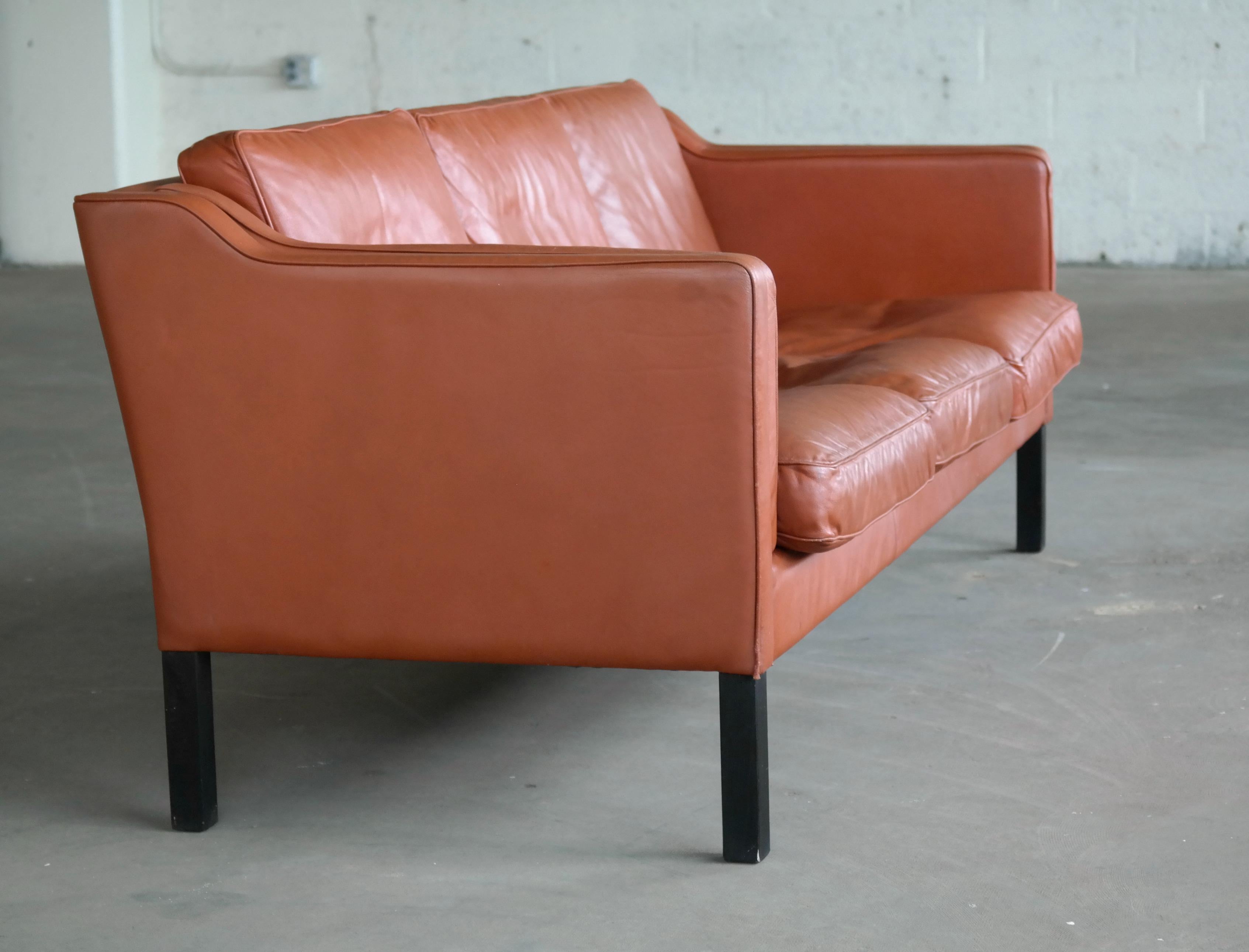 Mid-20th Century Classic Danish Børge Mogensen Model 2213 Style Sofa in Cognac Colored Leather