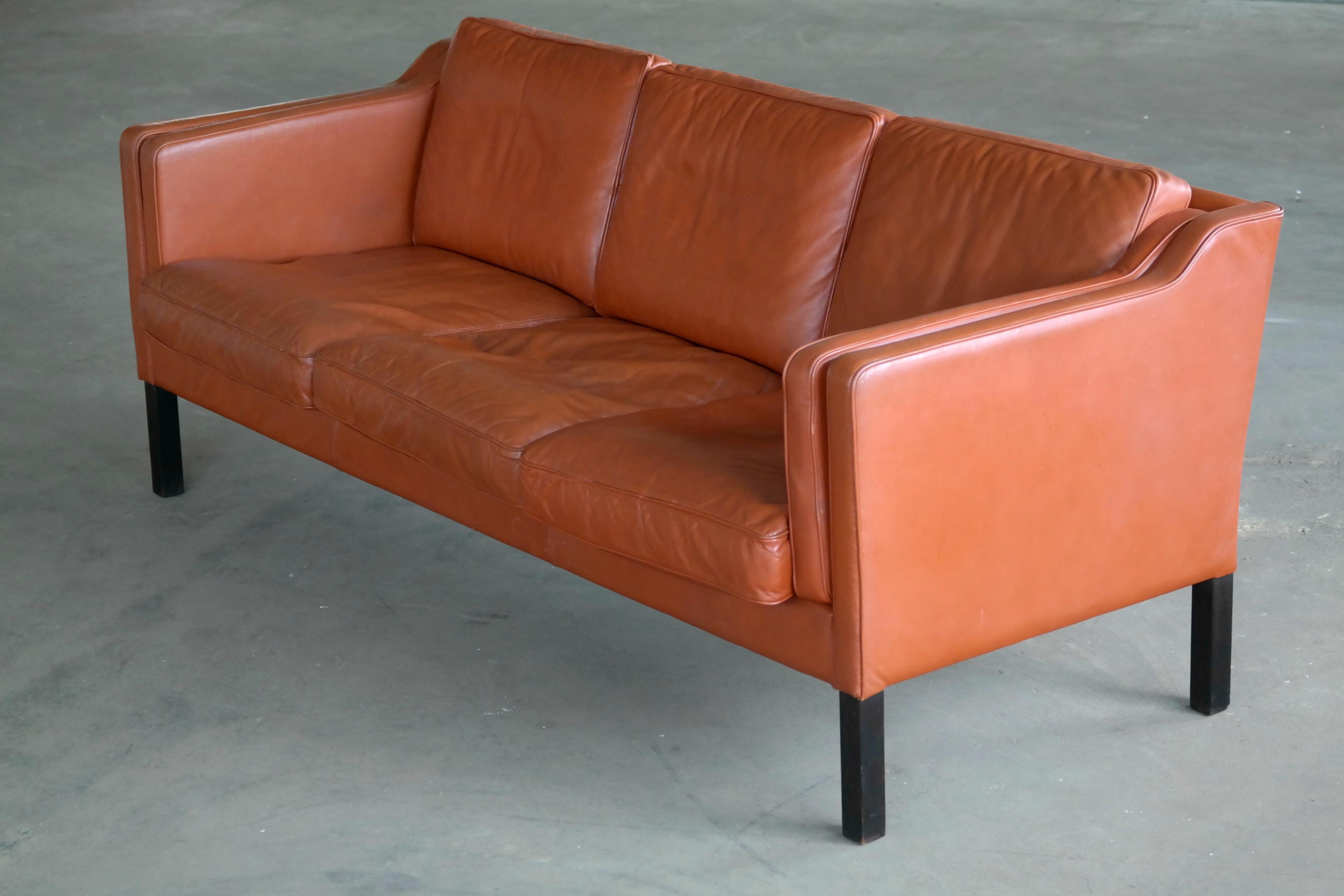 Classic Danish Børge Mogensen Model 2213 Style Sofa in Cognac Colored Leather 3