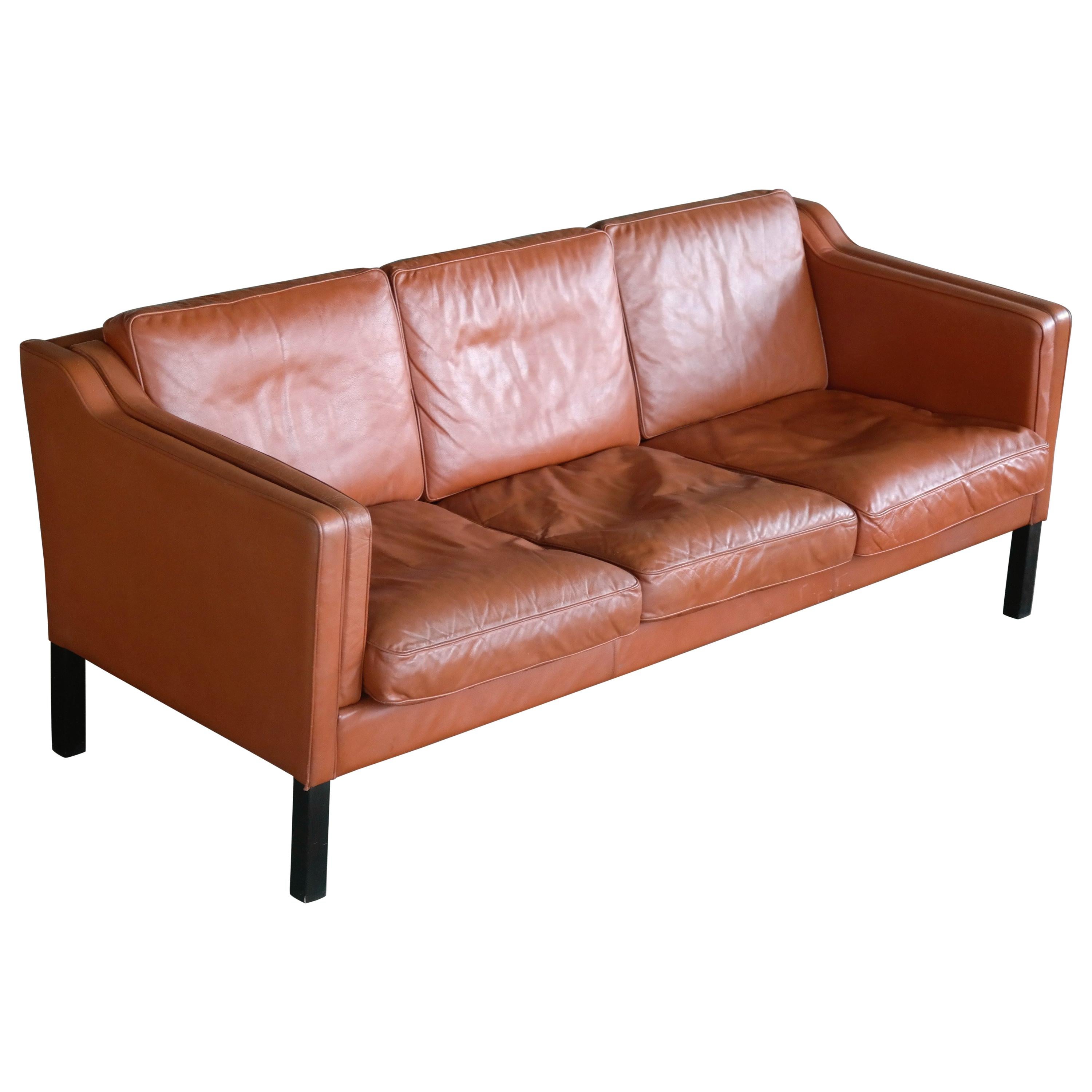 Classic Danish Børge Mogensen Model 2213 Style Sofa in Cognac Colored Leather