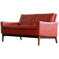 Classic Danish Mid-Century Modern Sofa in Red Leather and Rosewood Base