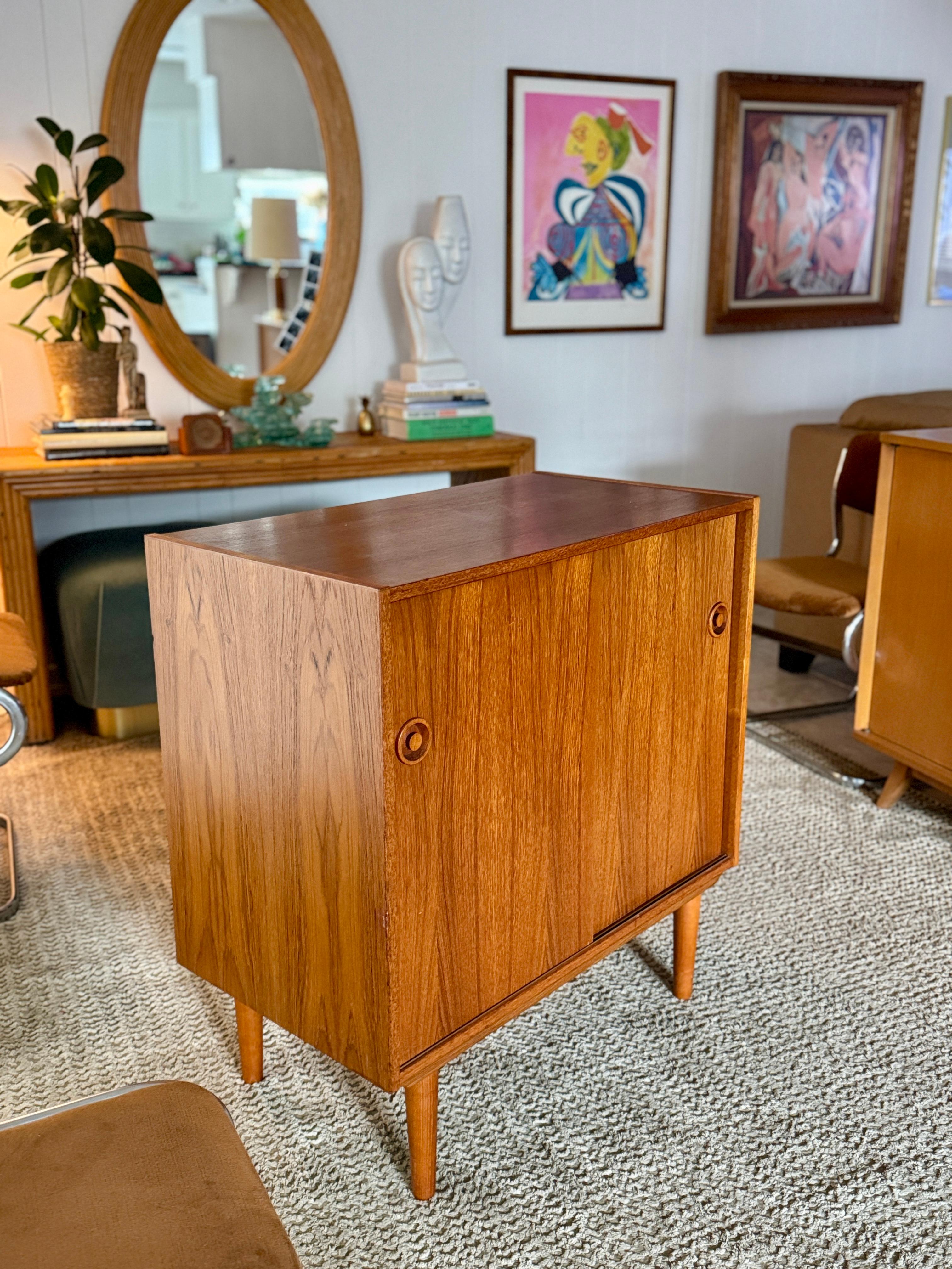 Teak Classic Danish mid century modern teak record cabinet with sliding doors For Sale