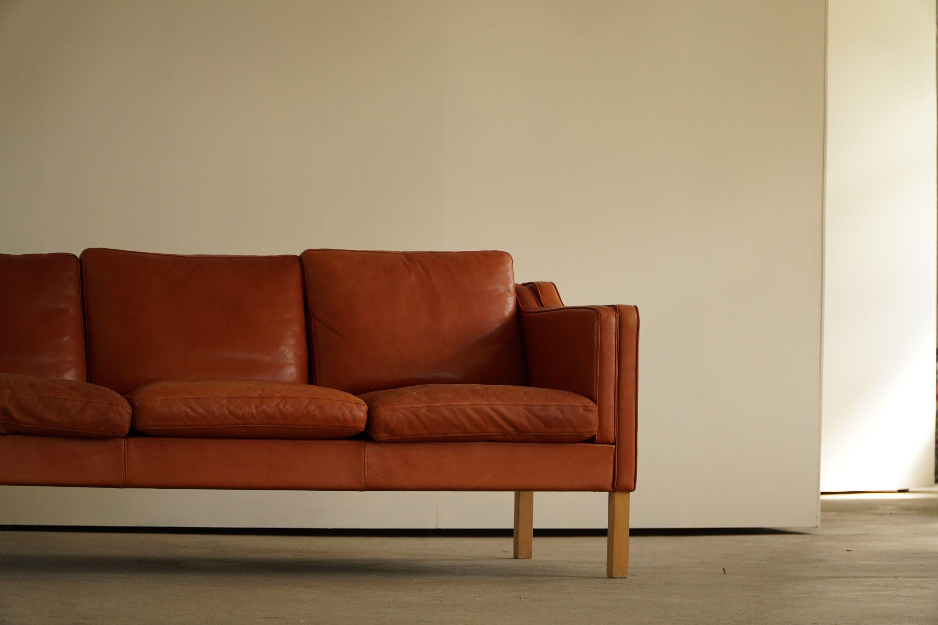 Classic Danish Mid Century Three Seater Sofa in Cognac Leather, Made in 1970s 5