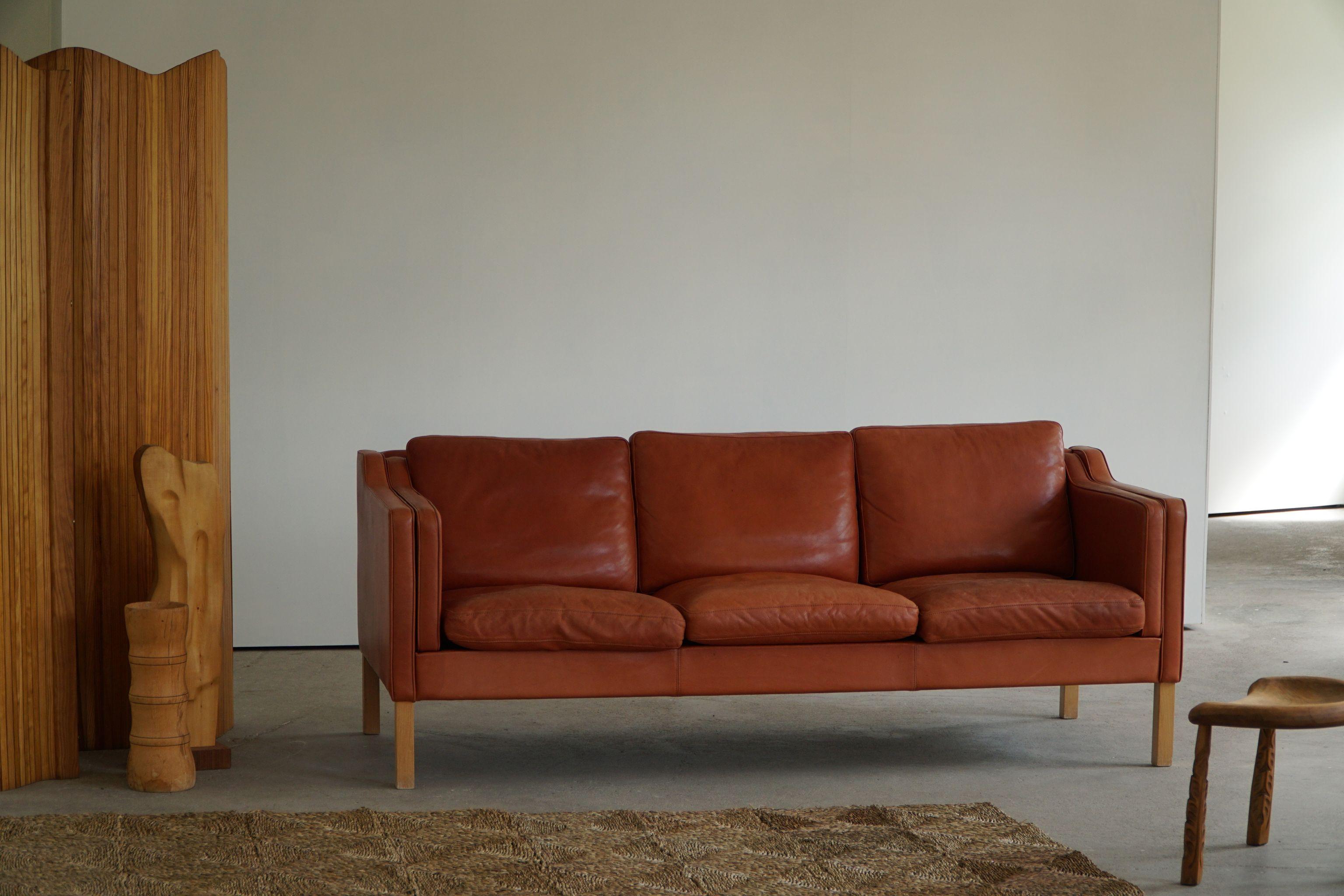 Classic Danish Mid Century Three Seater Sofa in Cognac Leather, Made in 1970s In Good Condition In Odense, DK