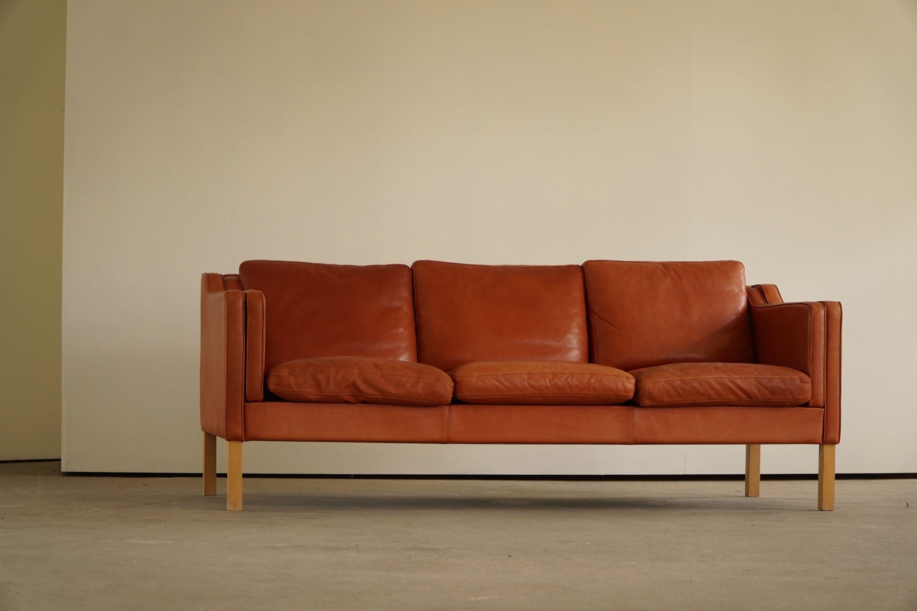 Classic Danish Mid Century Three Seater Sofa in Cognac Leather, Made in 1970s 3