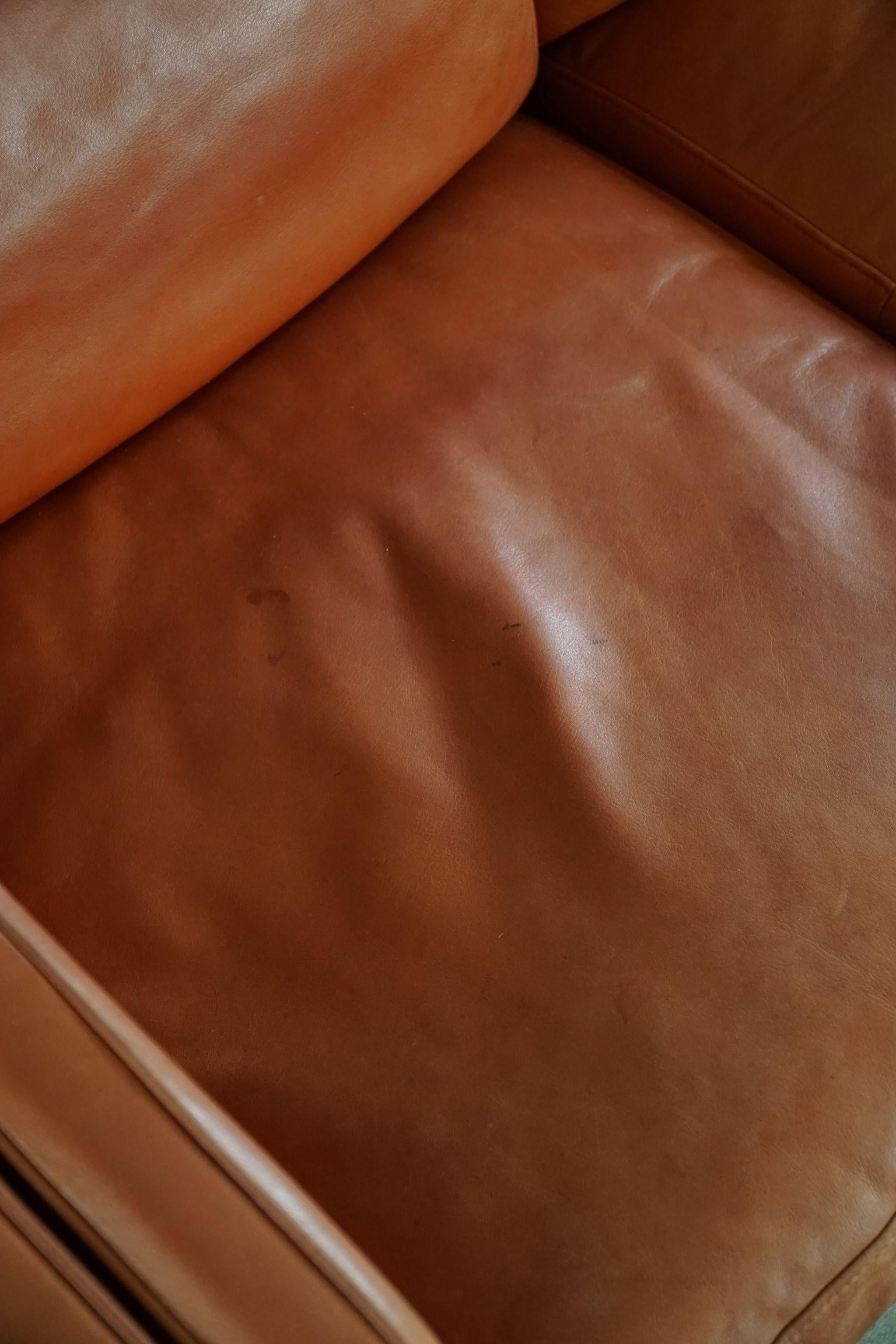 Classic Danish Mid Century Three Seater Sofa in Cognac Leather, Made in 1970s 4