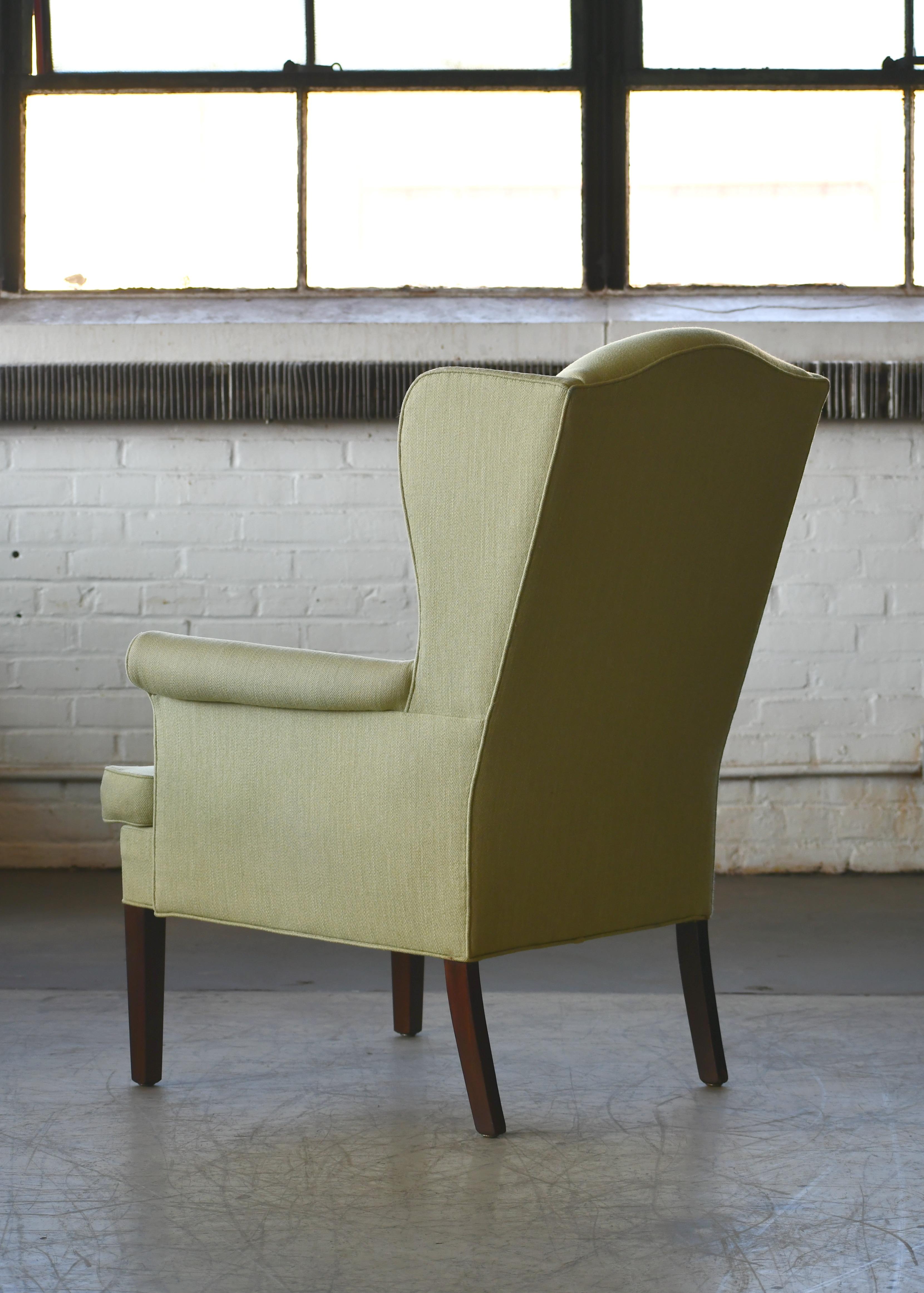 Mid-Century Modern Classic Danish Midcentury Wingback Chair in Light Green Wool