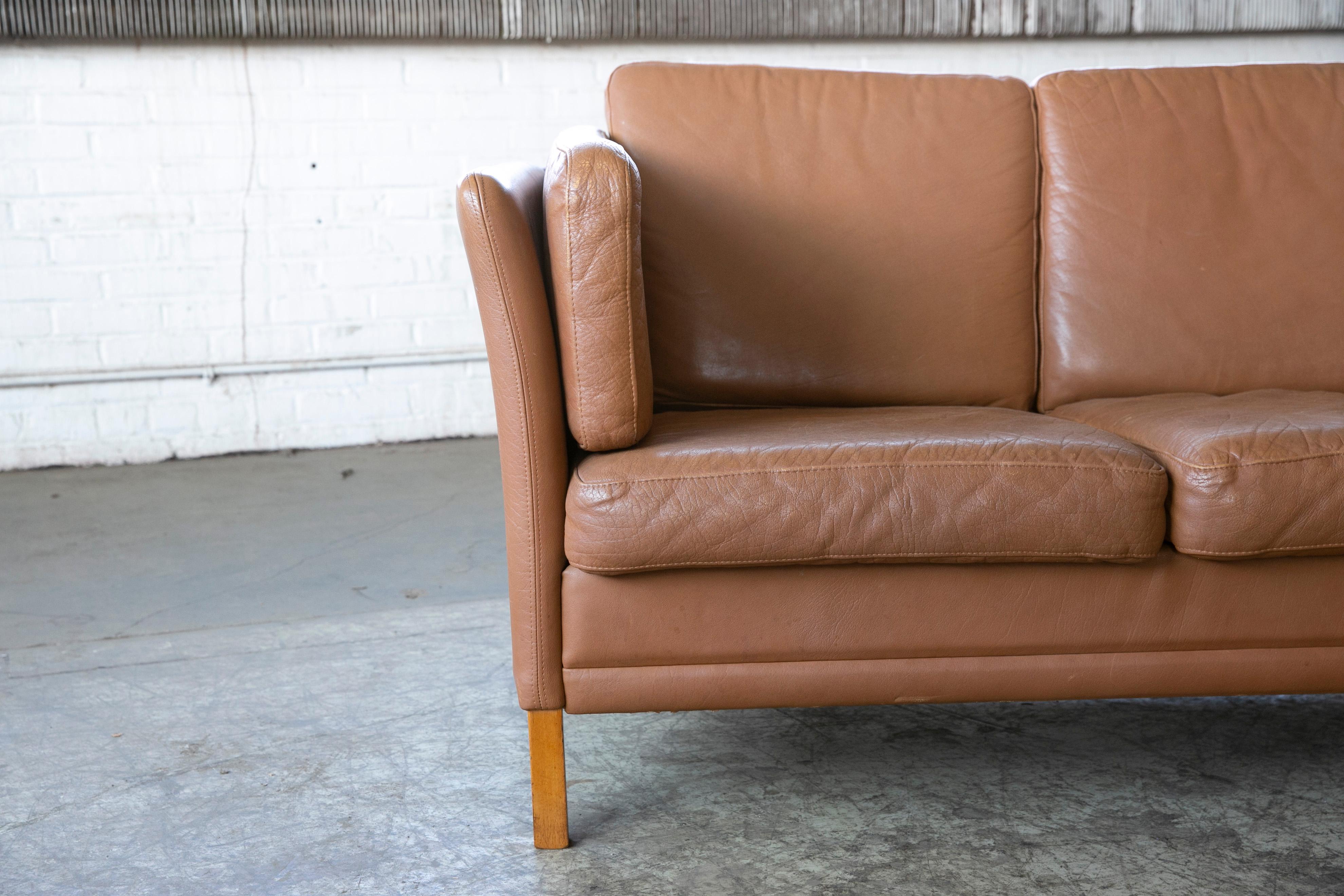 Classic Danish Midcentury Sofa in Chestnut Colored Leather by Mogens Hansen 1