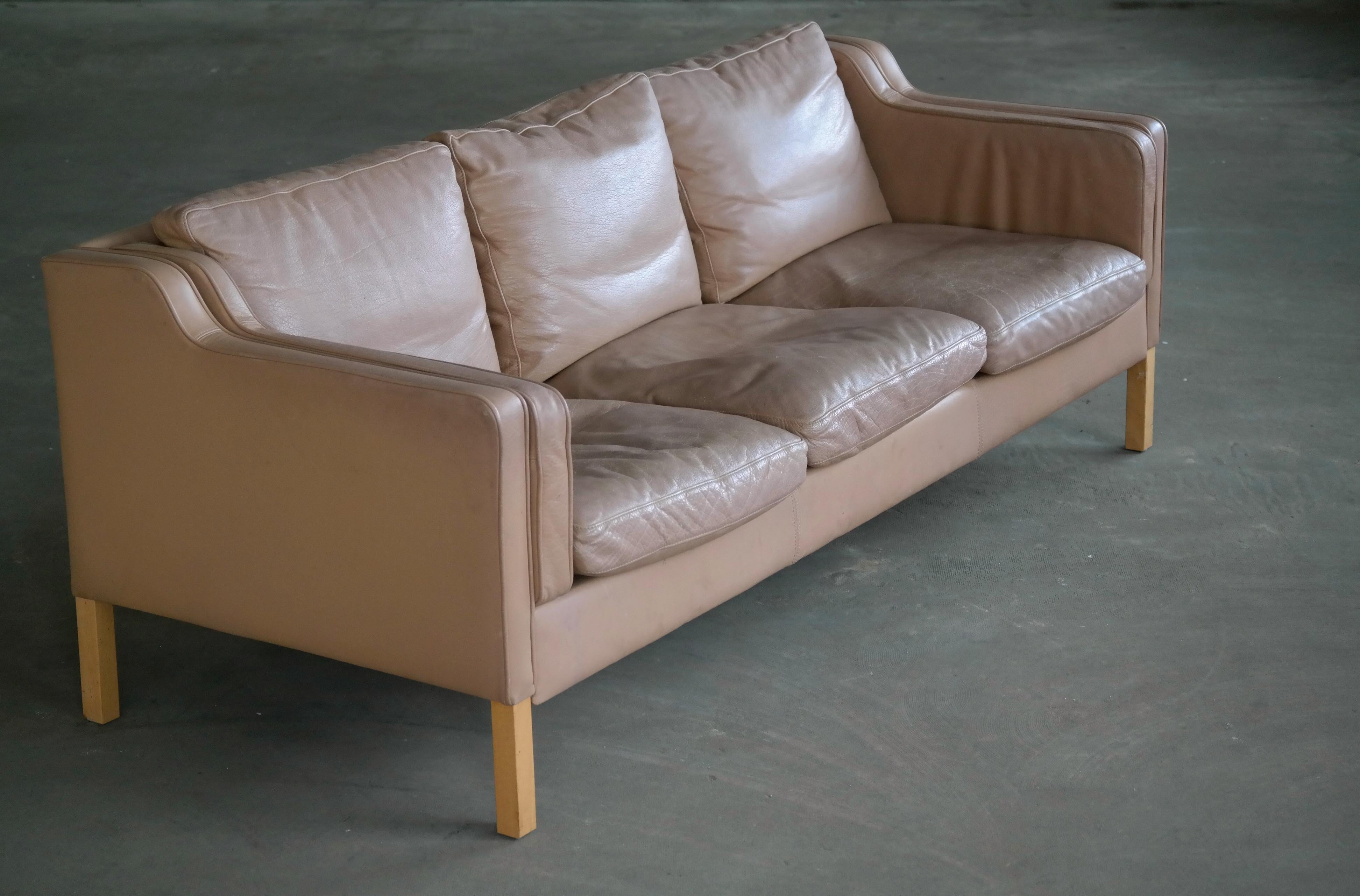 Mid-Century Modern Classic Danish Midcentury Sofa in Tan Leather in the Style of Børge Mogensen