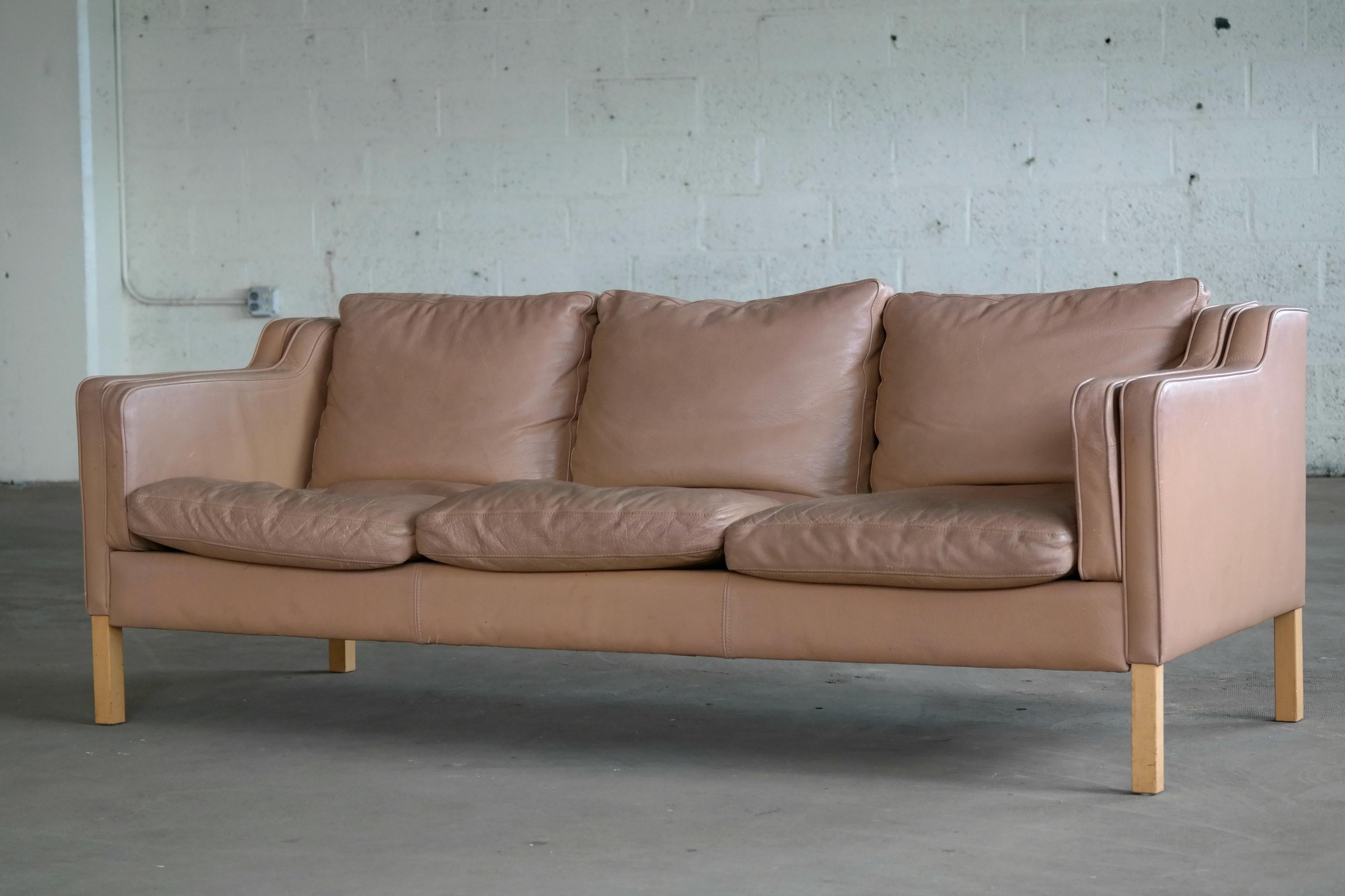 Classic Danish Midcentury Sofa in Tan Leather in the Style of Børge Mogensen 1