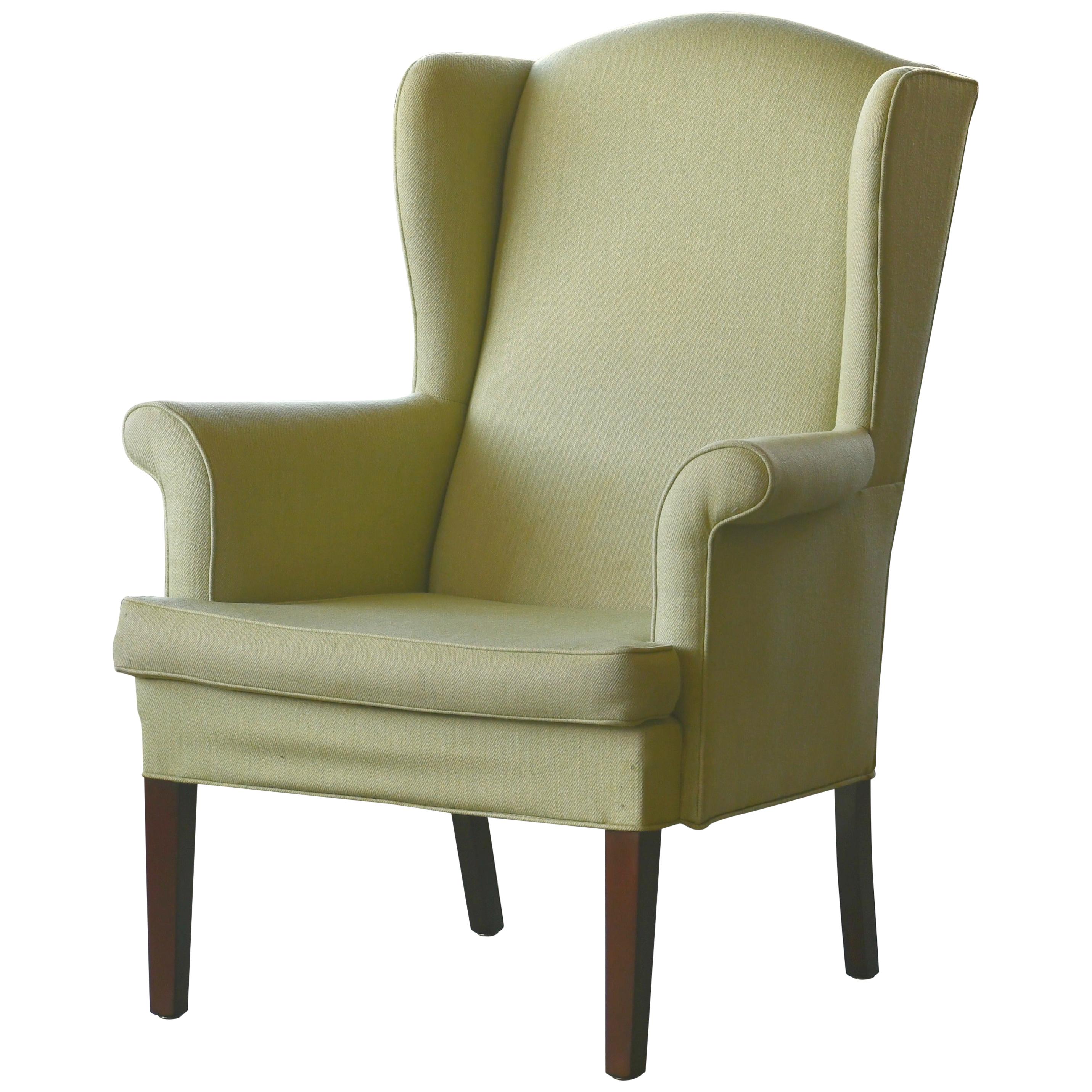 Classic Danish Midcentury Wingback Chair in Light Green Wool