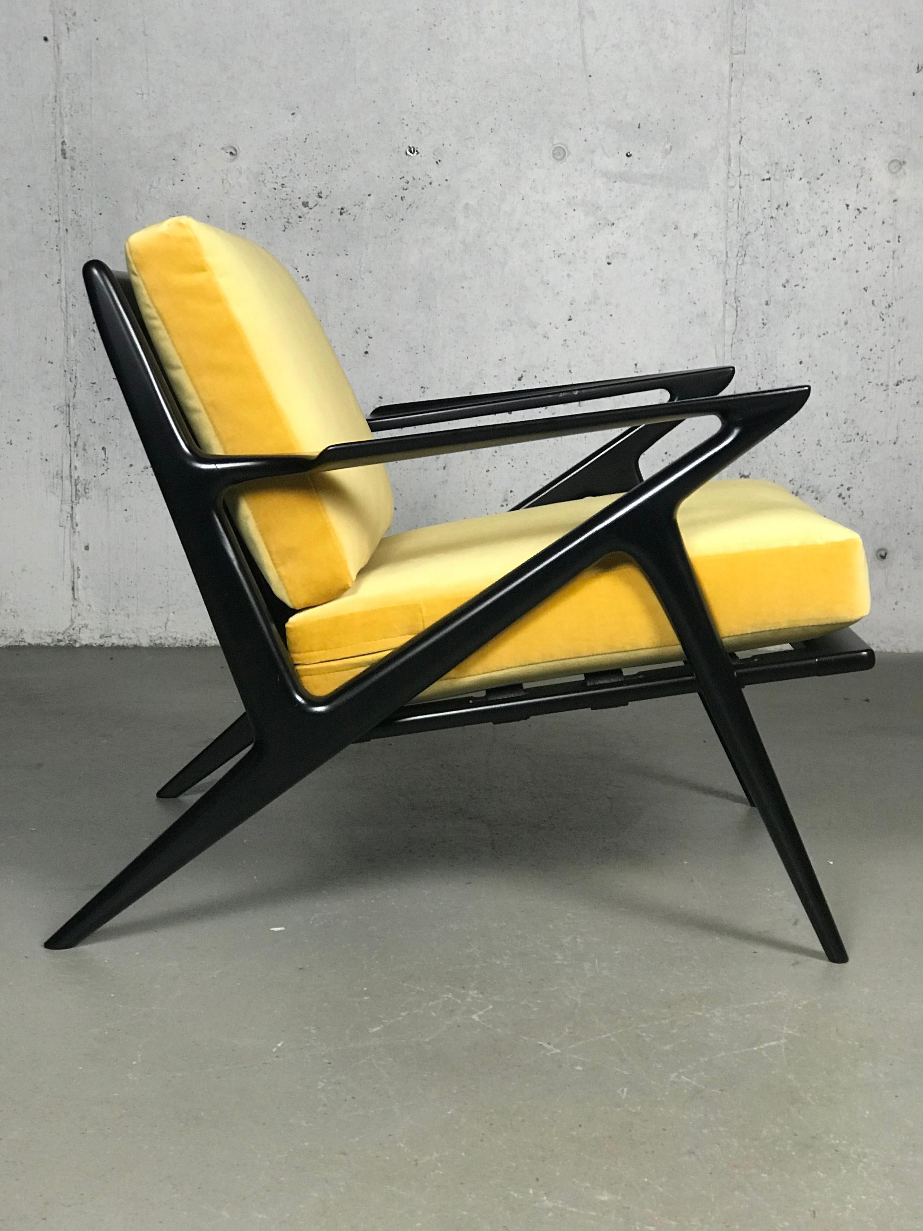 Danish Mid Century Lounge Chair in Ebony and Goldenrod Velvet by Poul Jensen for Selig For Sale