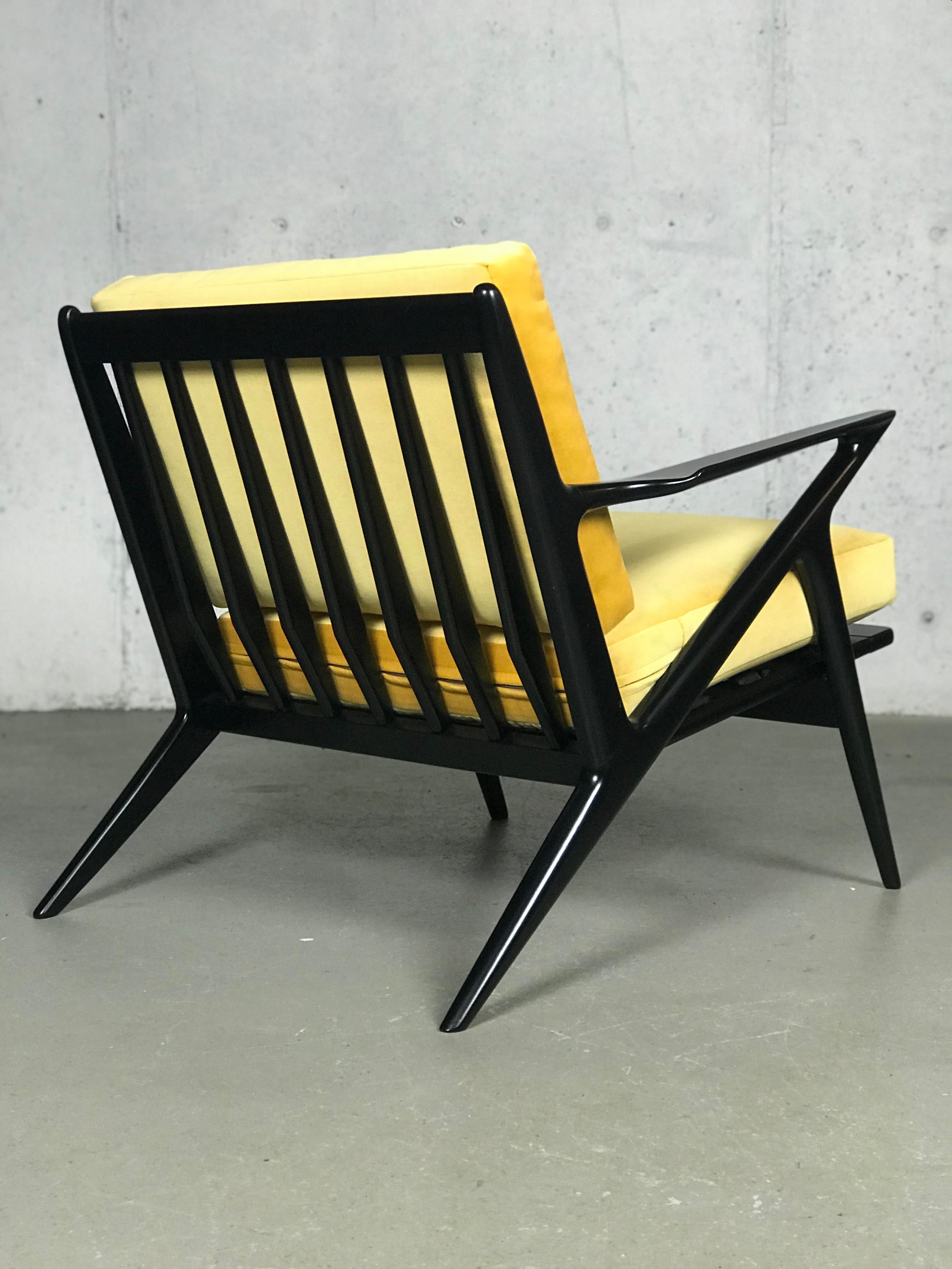 Ebonized Mid Century Lounge Chair in Ebony and Goldenrod Velvet by Poul Jensen for Selig For Sale