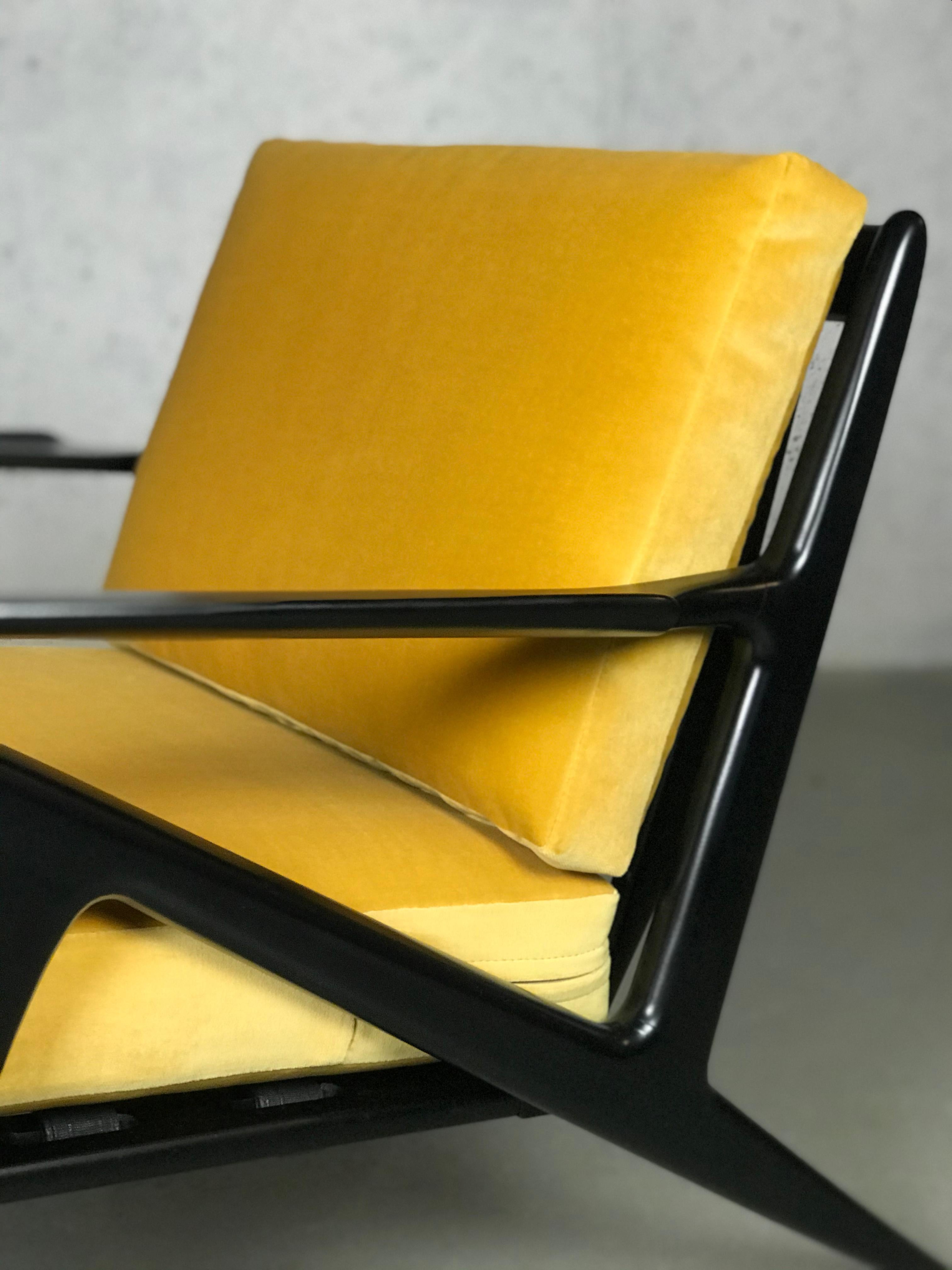 Wood Mid Century Lounge Chair in Ebony and Goldenrod Velvet by Poul Jensen for Selig For Sale