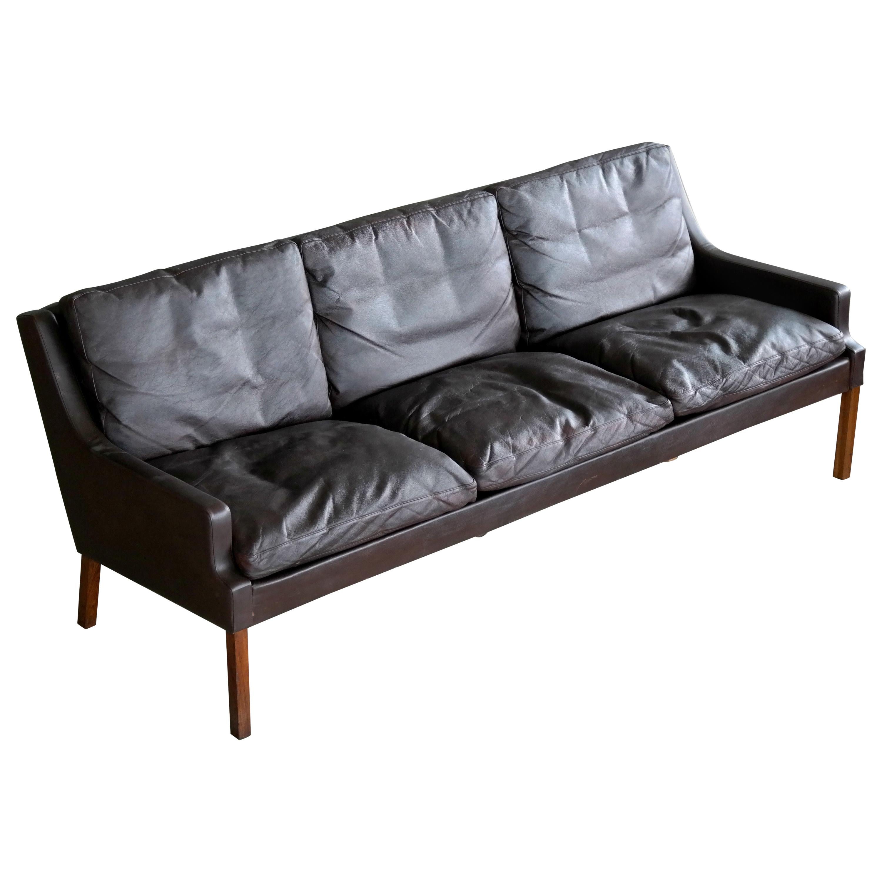 Classic Danish Slim Profile 1960s Sofa in Espresso Brown Leather by Georg Thams