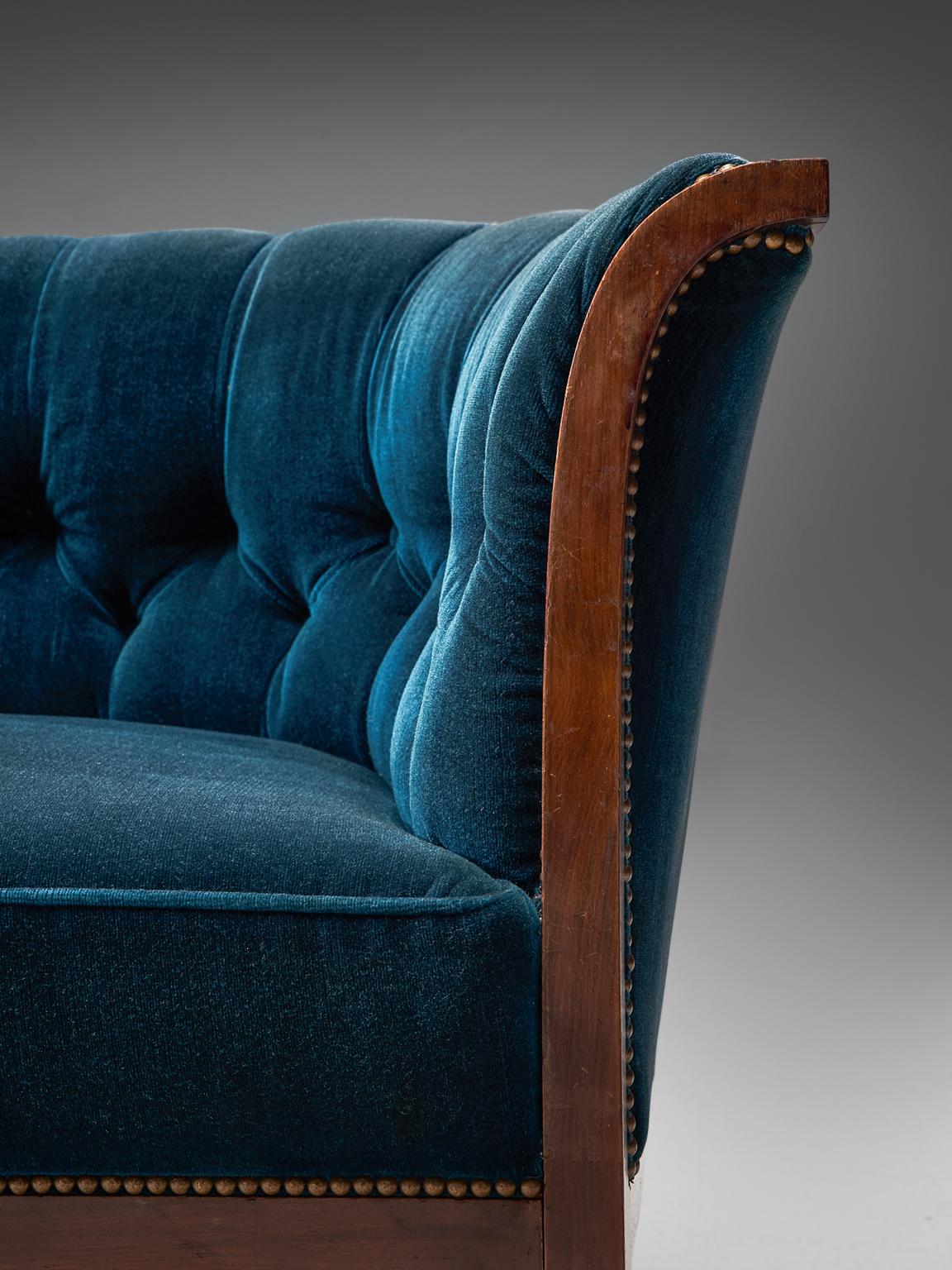 Mid-20th Century Classic Danish Sofa in Blue Velvet, ca. 1940