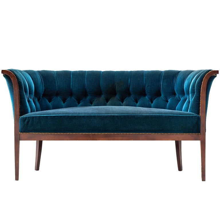 Classic Danish Sofa in Blue Velvet, ca. 1940 For Sale at 1stdibs