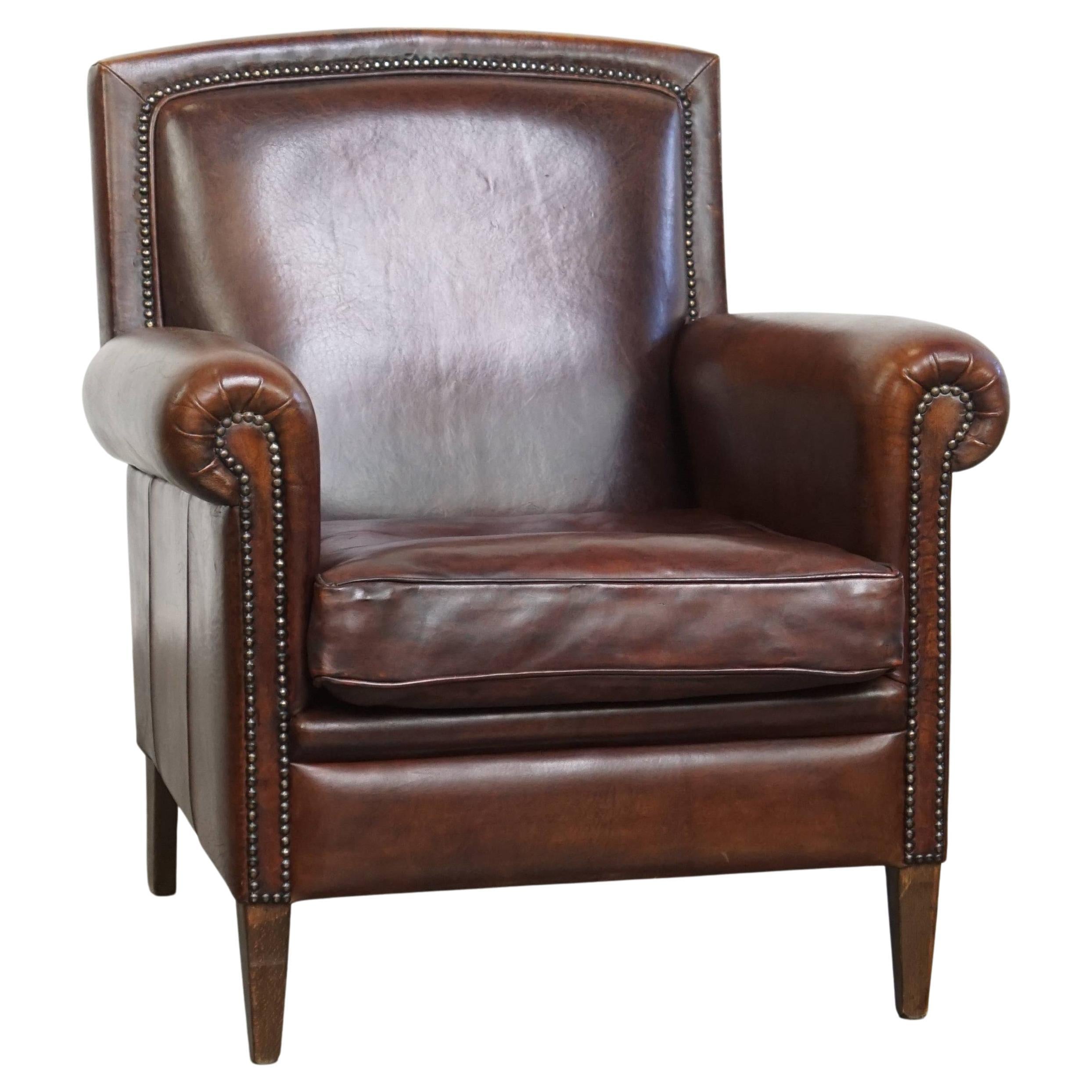 Classic Dark Brown Sheepskin Leather Design Armchair For Sale