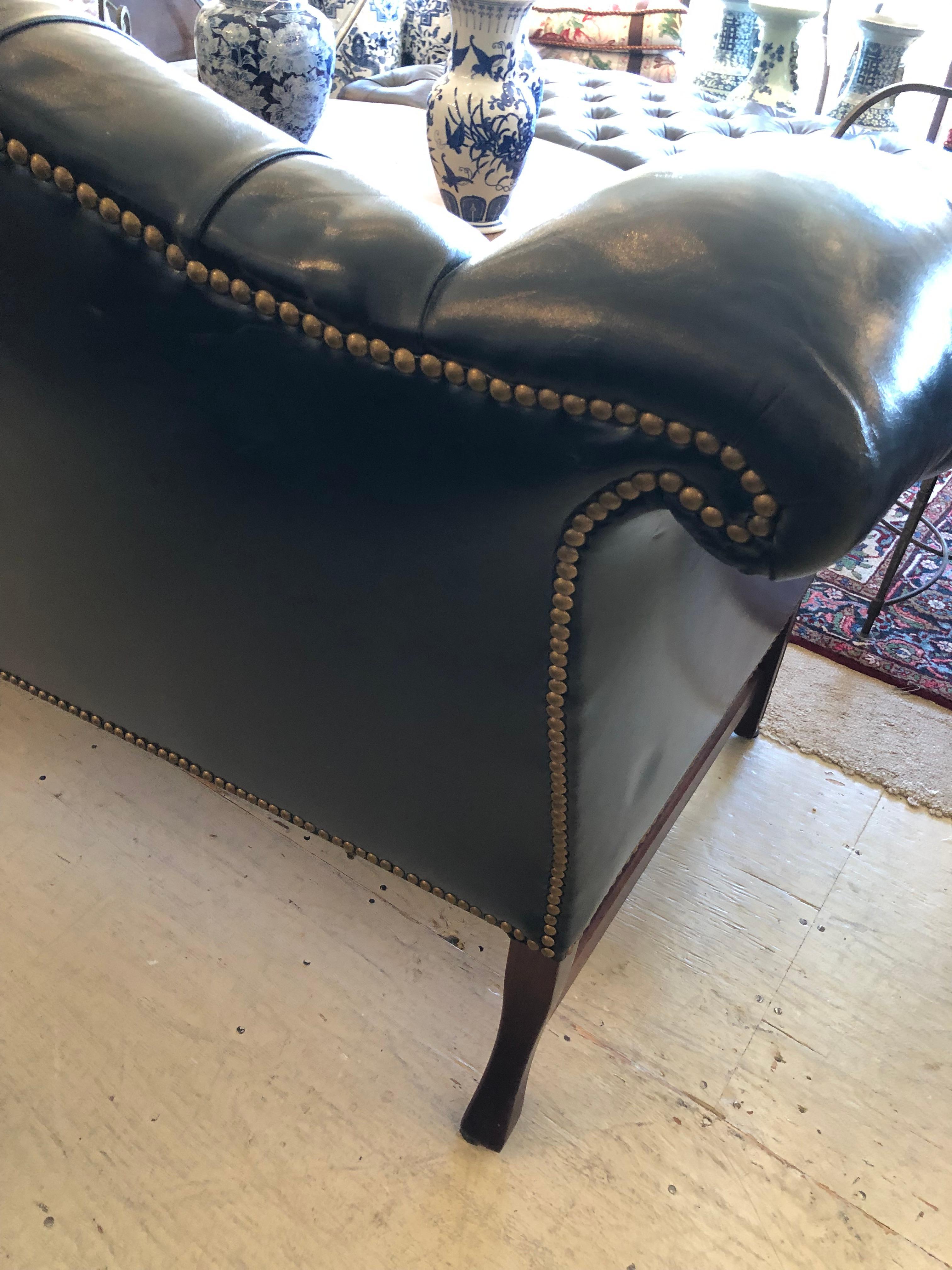 Chesterfield Classic Dark Navy Tufted Leather Loveseat with Brass Nailheads