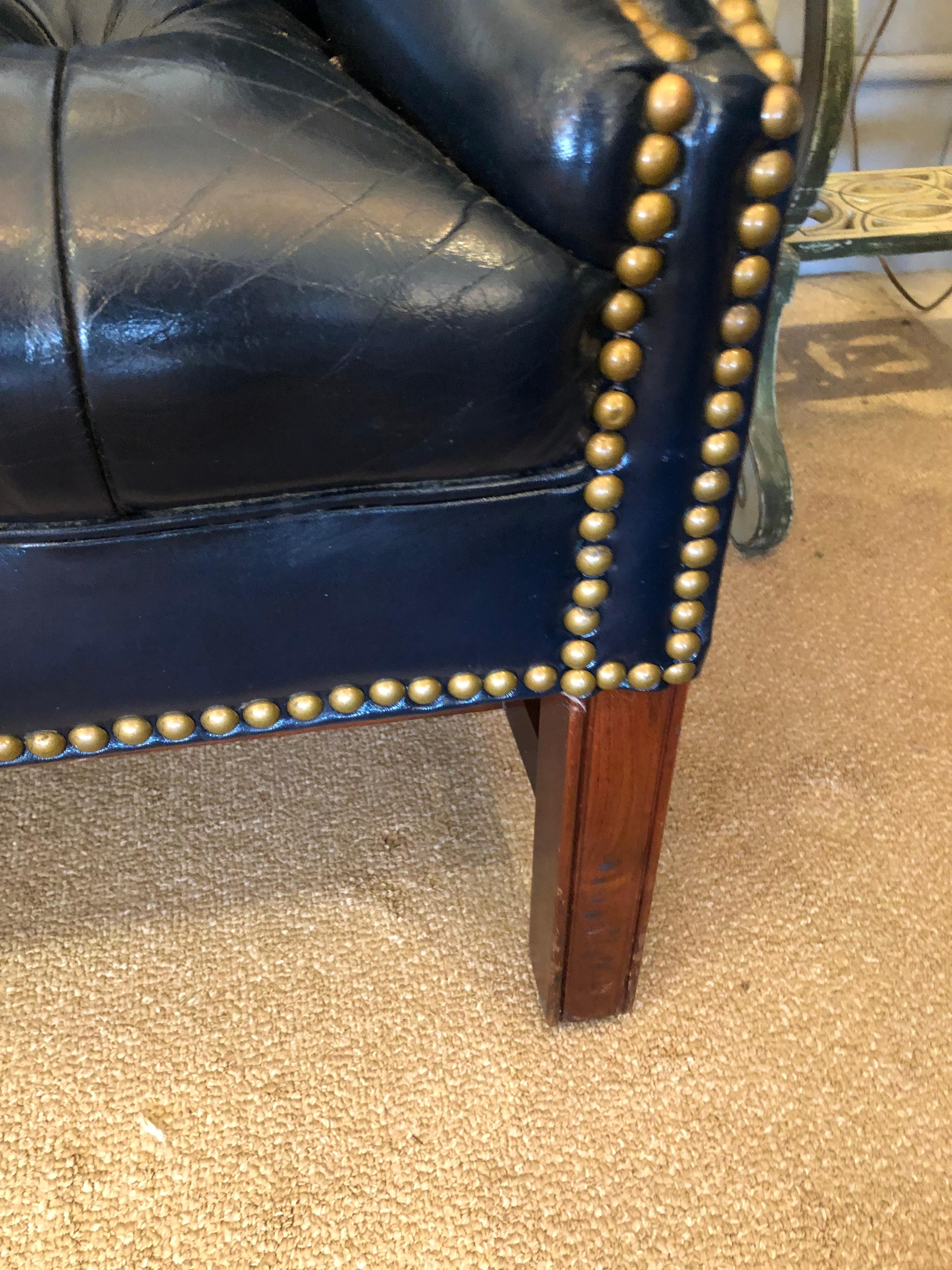 Late 20th Century Classic Dark Navy Tufted Leather Loveseat with Brass Nailheads