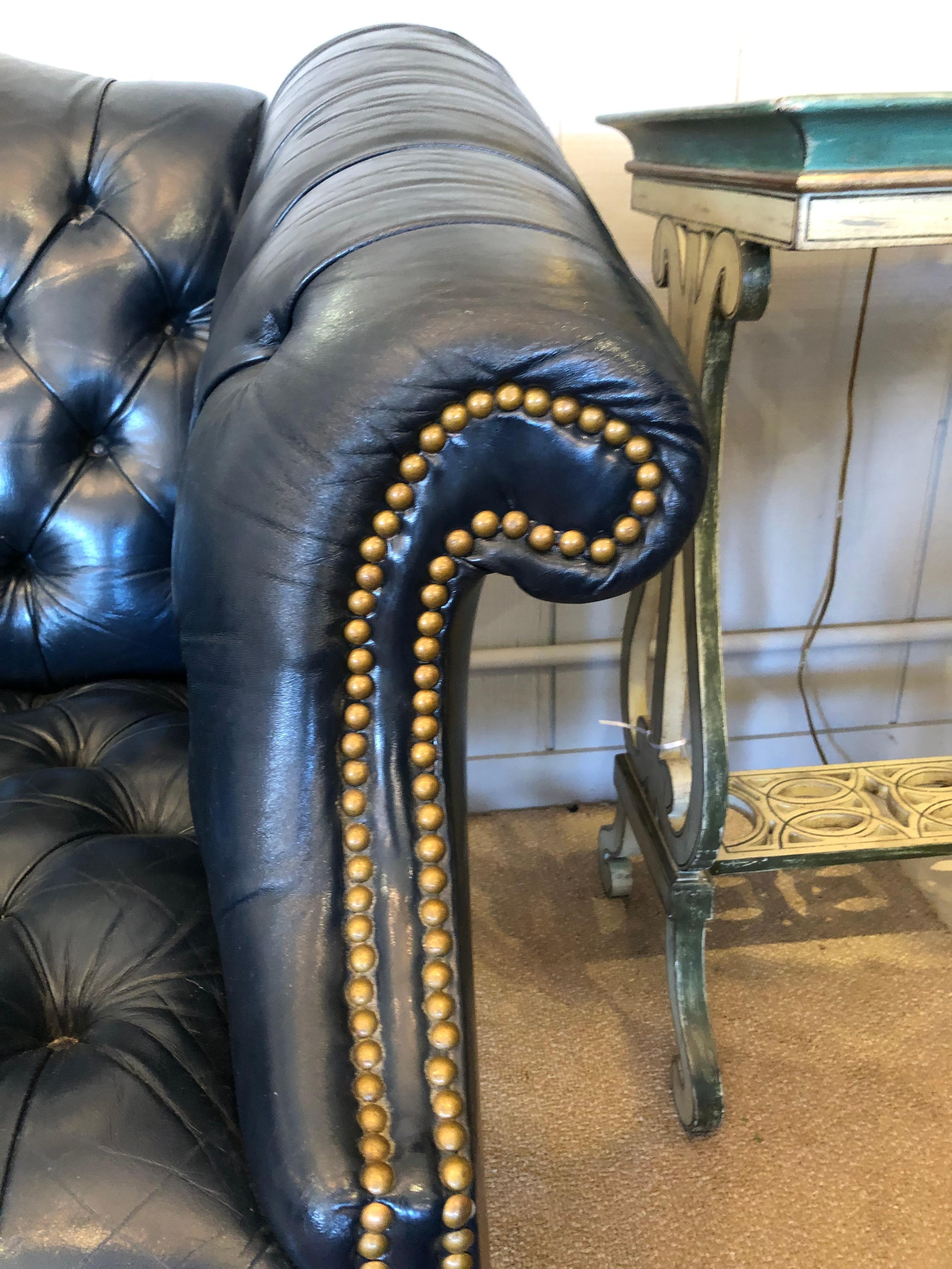 Classic Dark Navy Tufted Leather Loveseat with Brass Nailheads 1