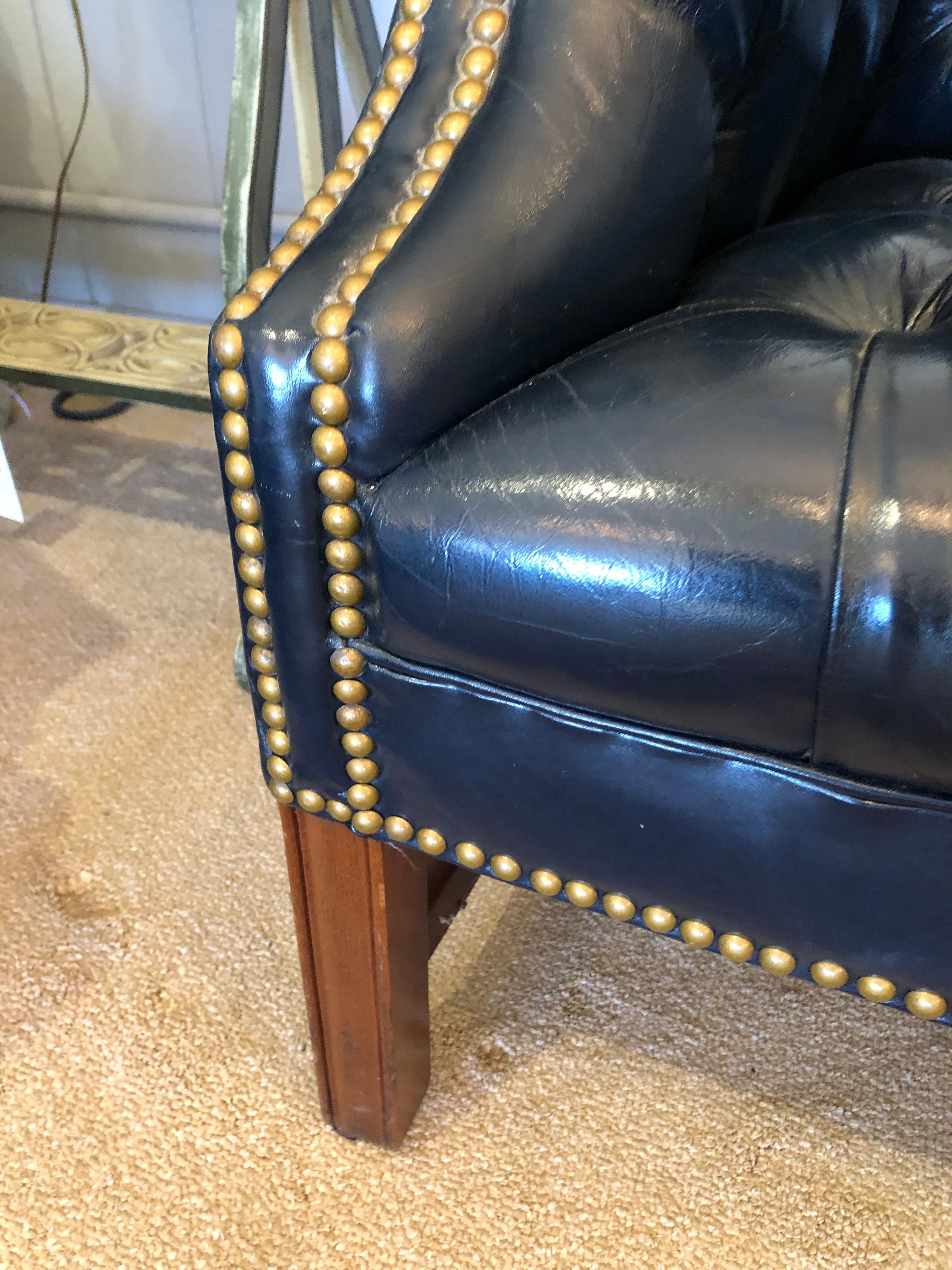 Classic Dark Navy Tufted Leather Loveseat with Brass Nailheads 2