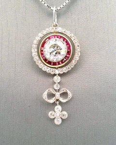 Classic Deco Diamond & Ruby Drop Pendant