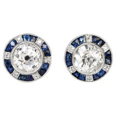 Classic Deco European Diamond Sapphire Platinum Stud Earrings