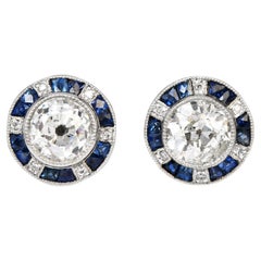 Klassische klassische Deco-Ohrstecker aus Platin mit europäischen Diamanten und Saphiren